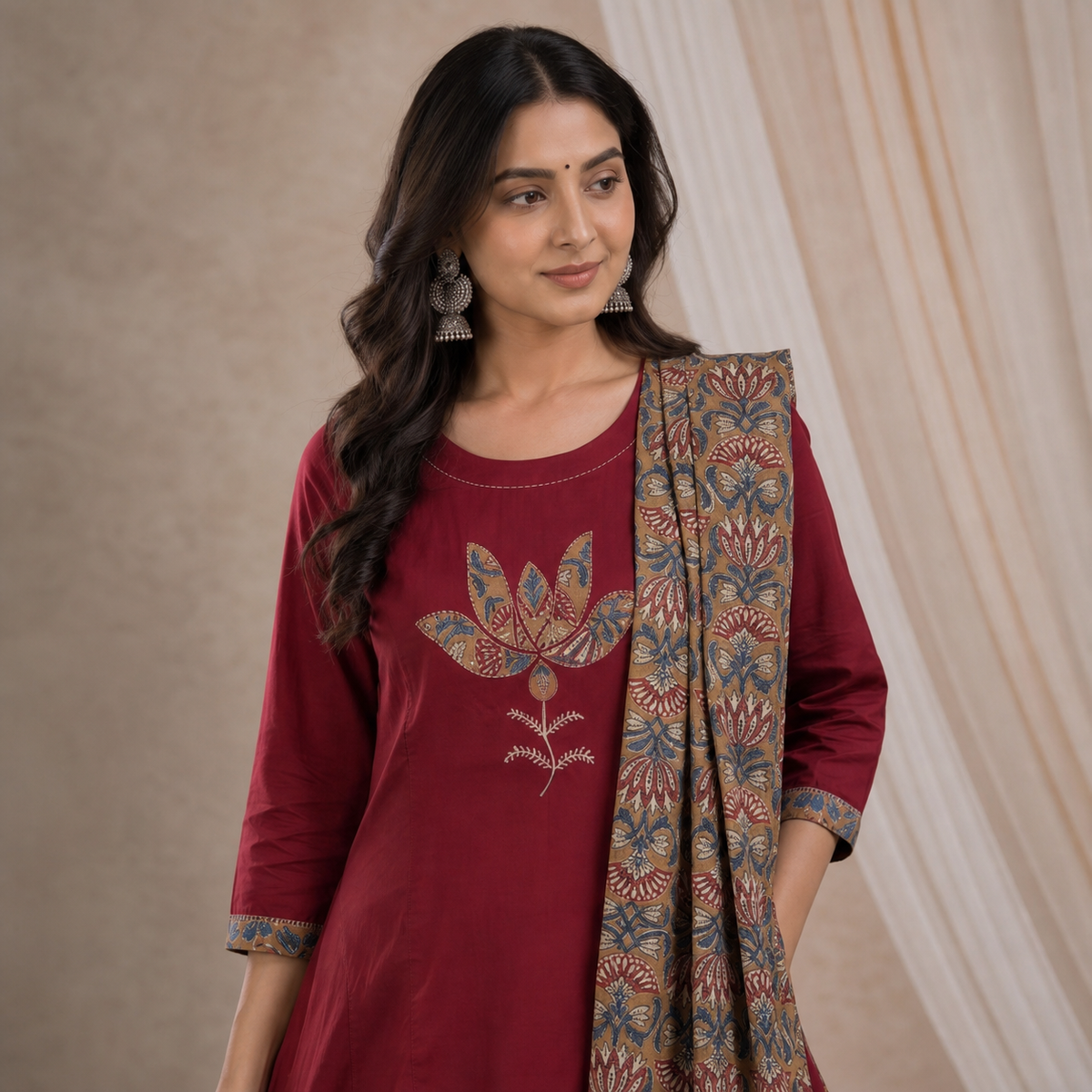 Cotton Maroon Printed 3-Piece Kurta Set with Dupatta SKU CAC-K3P-C-M-1