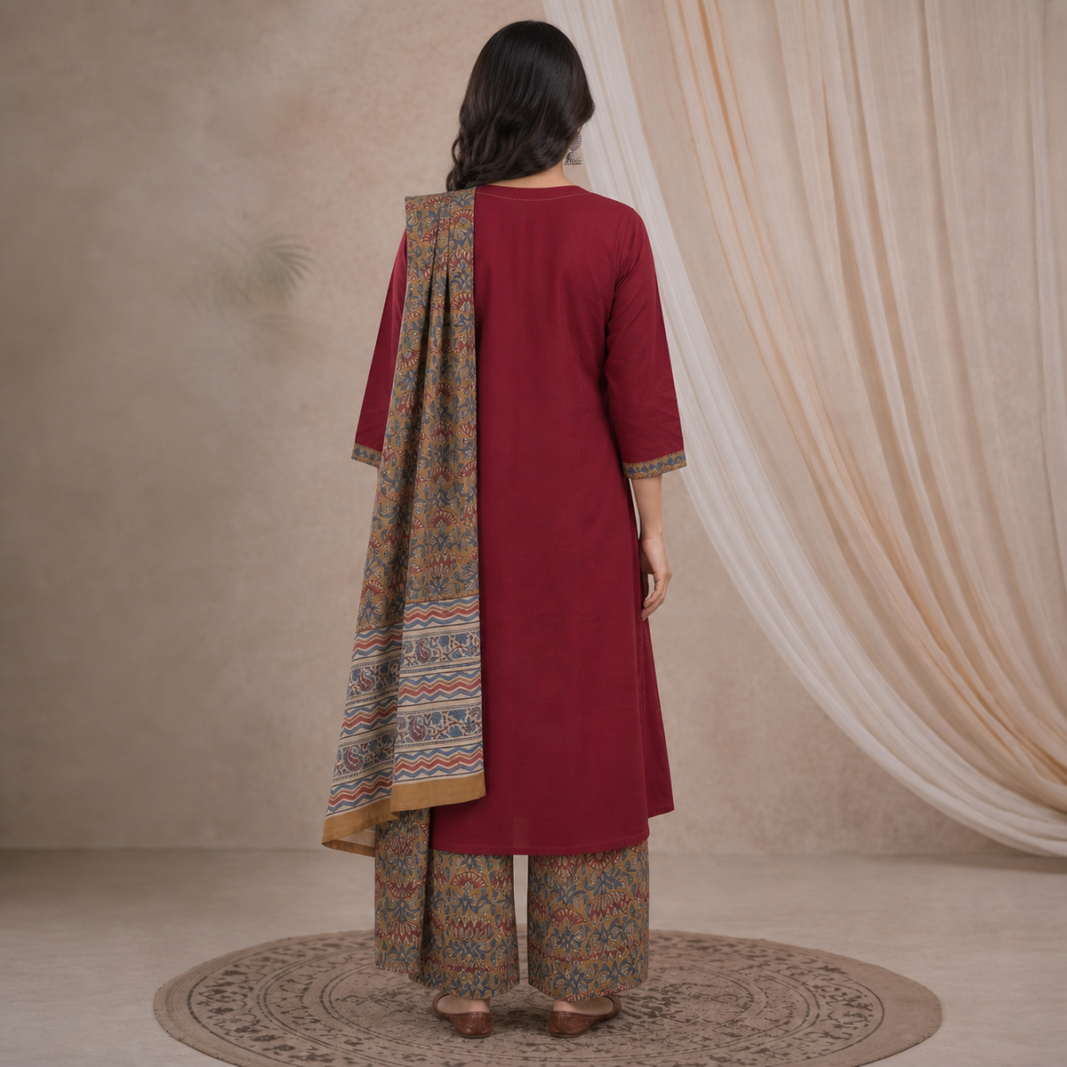 Cotton Maroon Printed 3-Piece Kurta Set with Dupatta SKU CAC-K3P-C-M-1