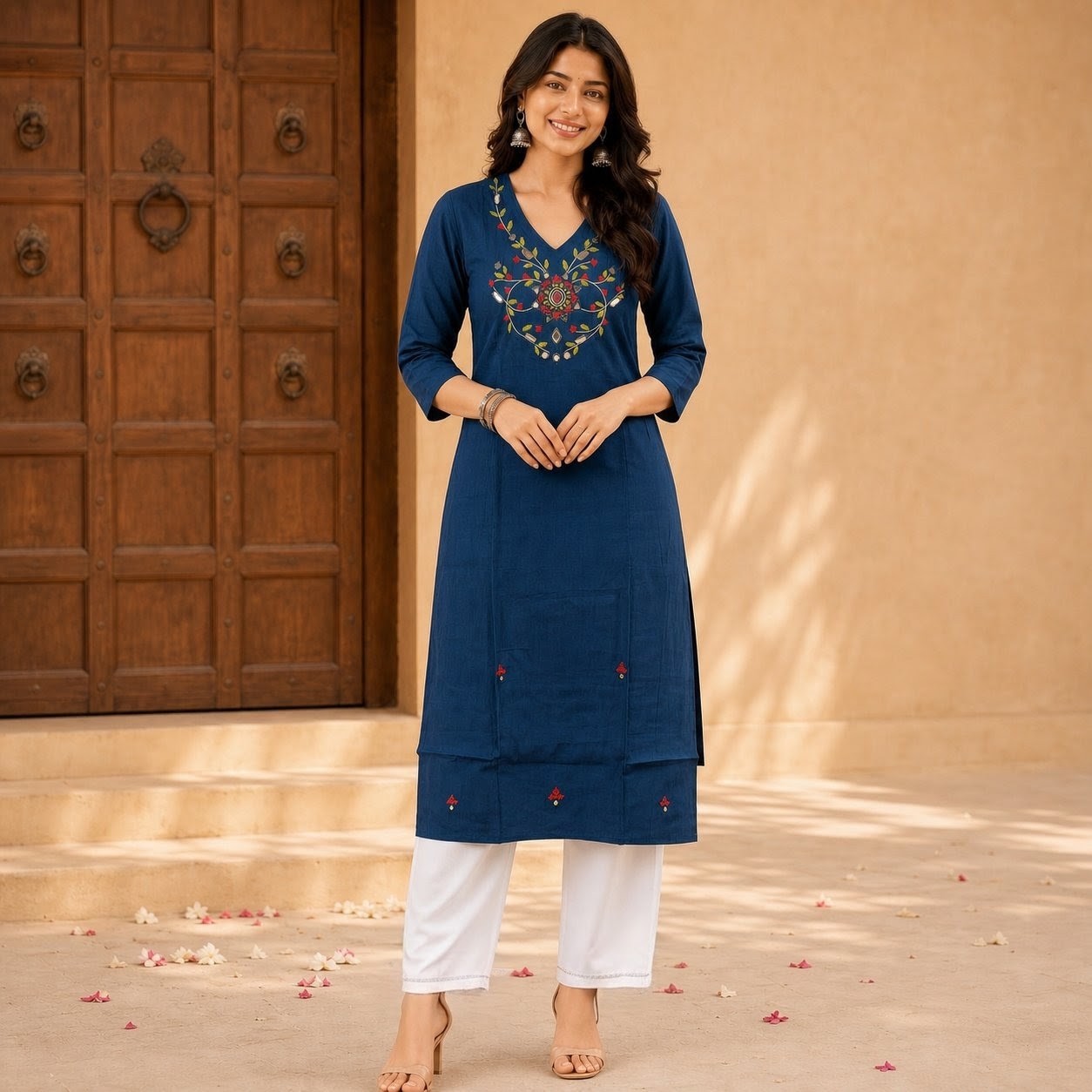 Women's Navy Blue Cotton Kurti with Floral Front Motif SKU CAC-KL-C-NB-1