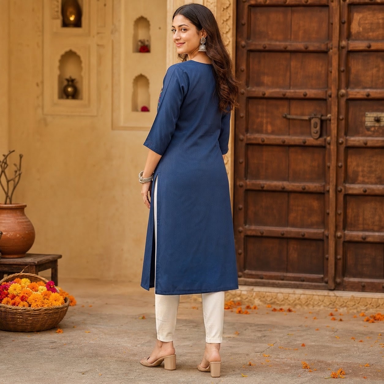 Women's Navy Blue Cotton Kurti with Floral Front Motif SKU CAC-KL-C-NB-1