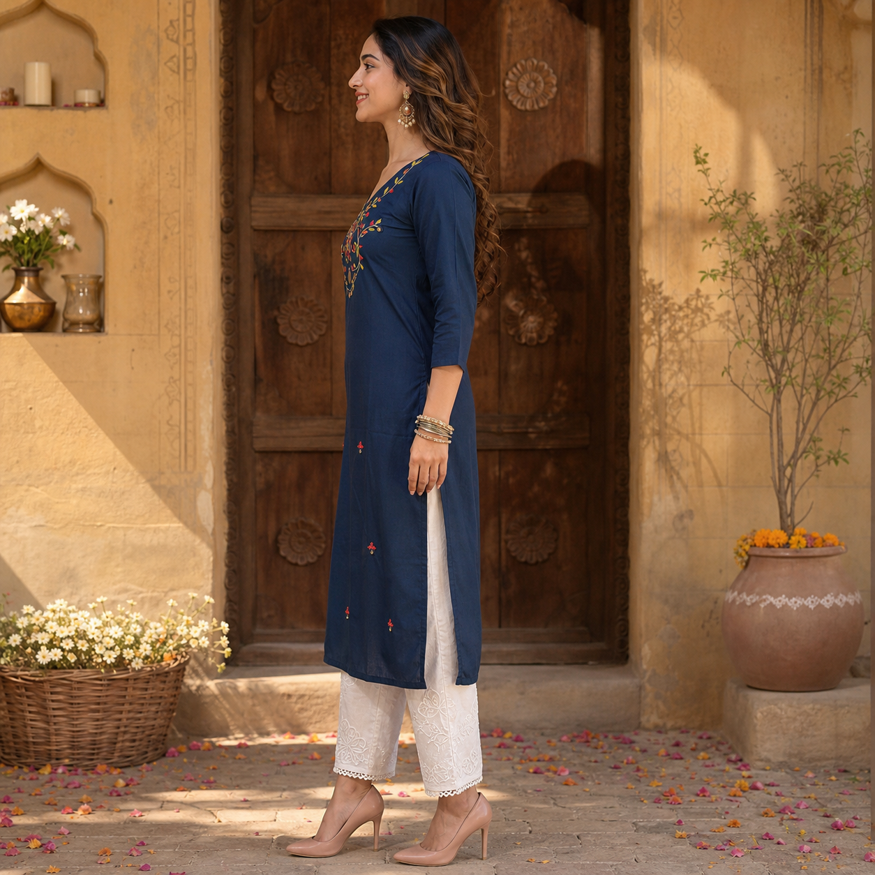 Women's Navy Blue Cotton Kurti with Floral Front Motif SKU CAC-KL-C-NB-1