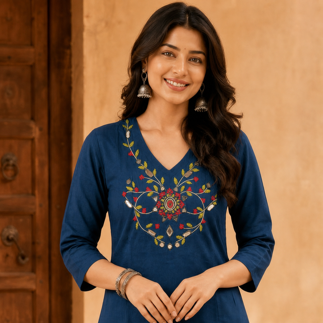 Women's Navy Blue Cotton Kurti with Floral Front Motif SKU CAC-KL-C-NB-1