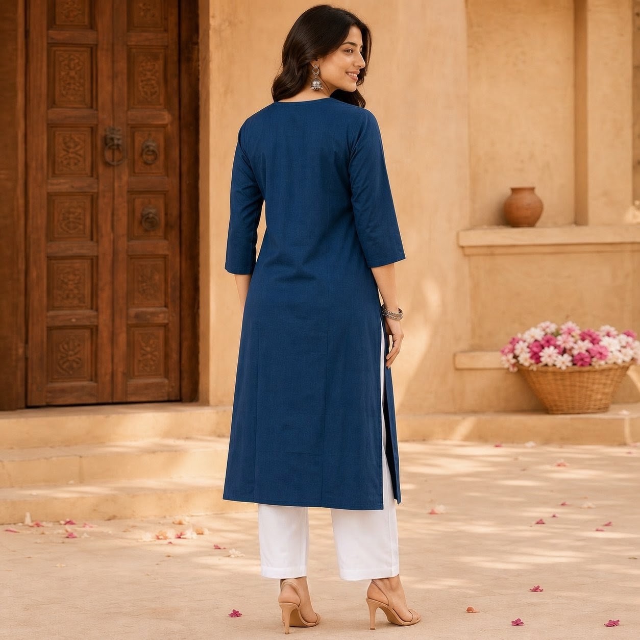 Women's Navy Blue Cotton Kurti with Floral Front Motif SKU CAC-KL-C-NB-1