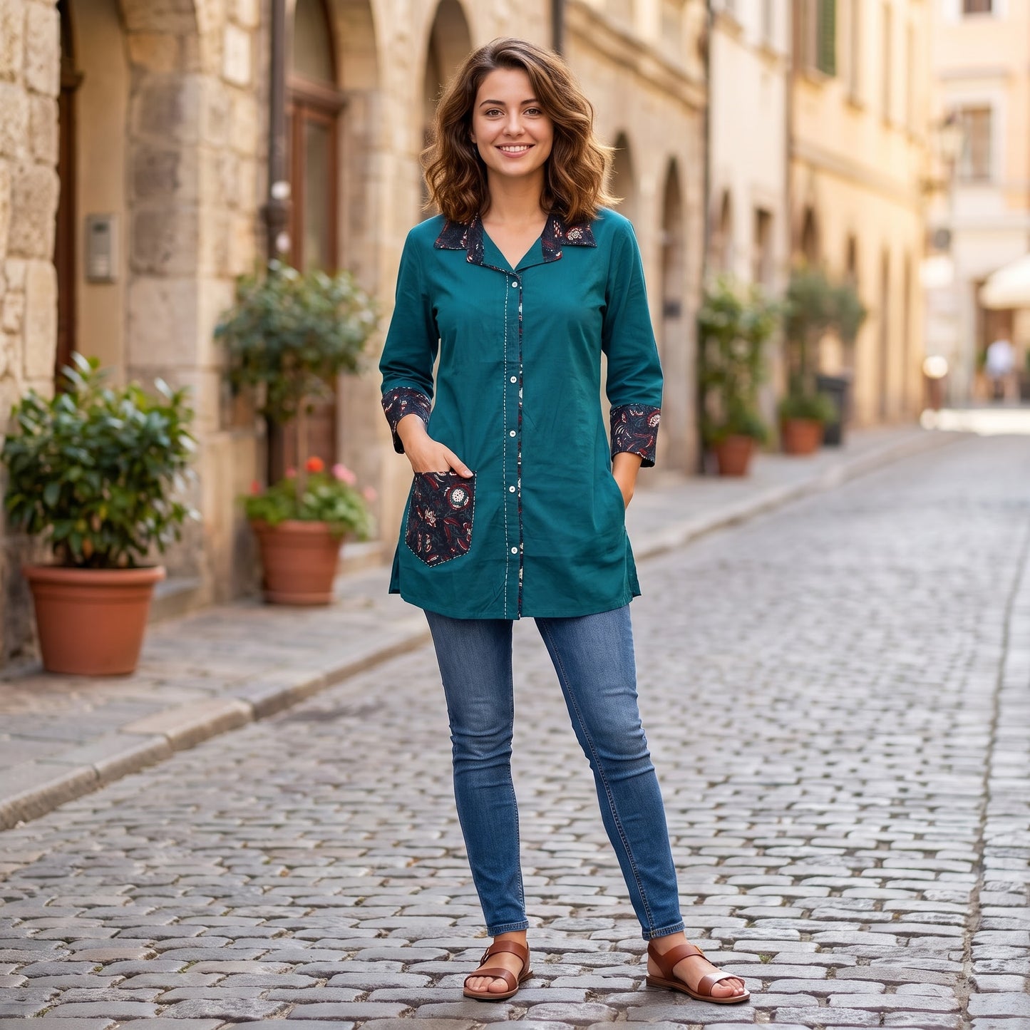 Women's Teal Cotton Shirt Collar Contrast Panel Kurti with Front Buttons SKU CAC-KS-SC-TB-1