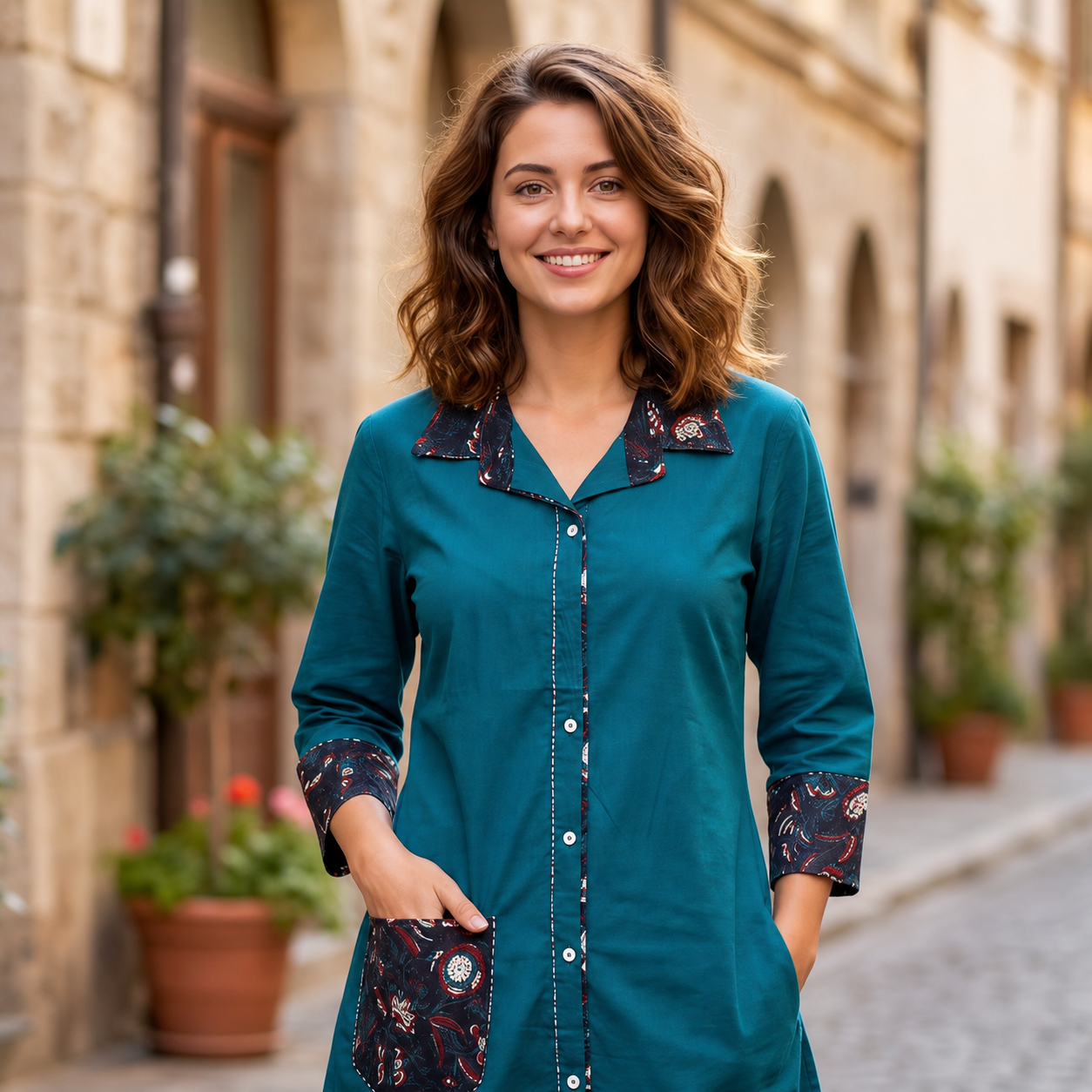 Women's Teal Cotton Shirt Collar Contrast Panel Kurti with Front Buttons SKU CAC-KS-SC-TB-1