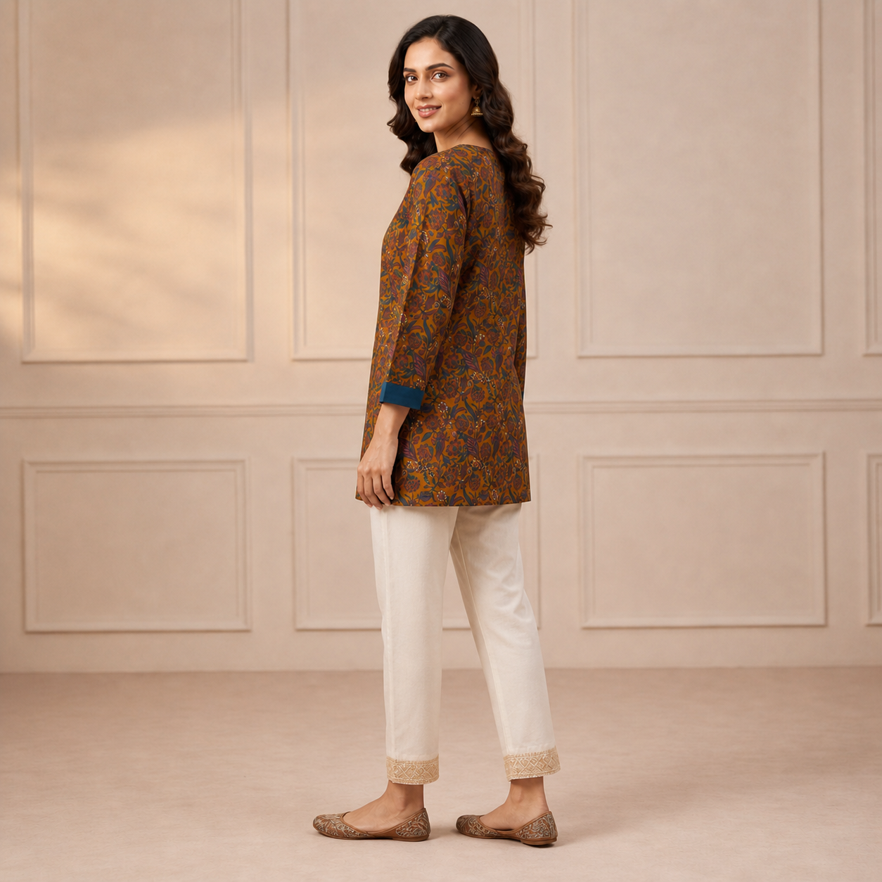 Brown Printed Cotton Straight Kurti with Blue Contrast Yoke SKU CAC-KS-SC-B-1