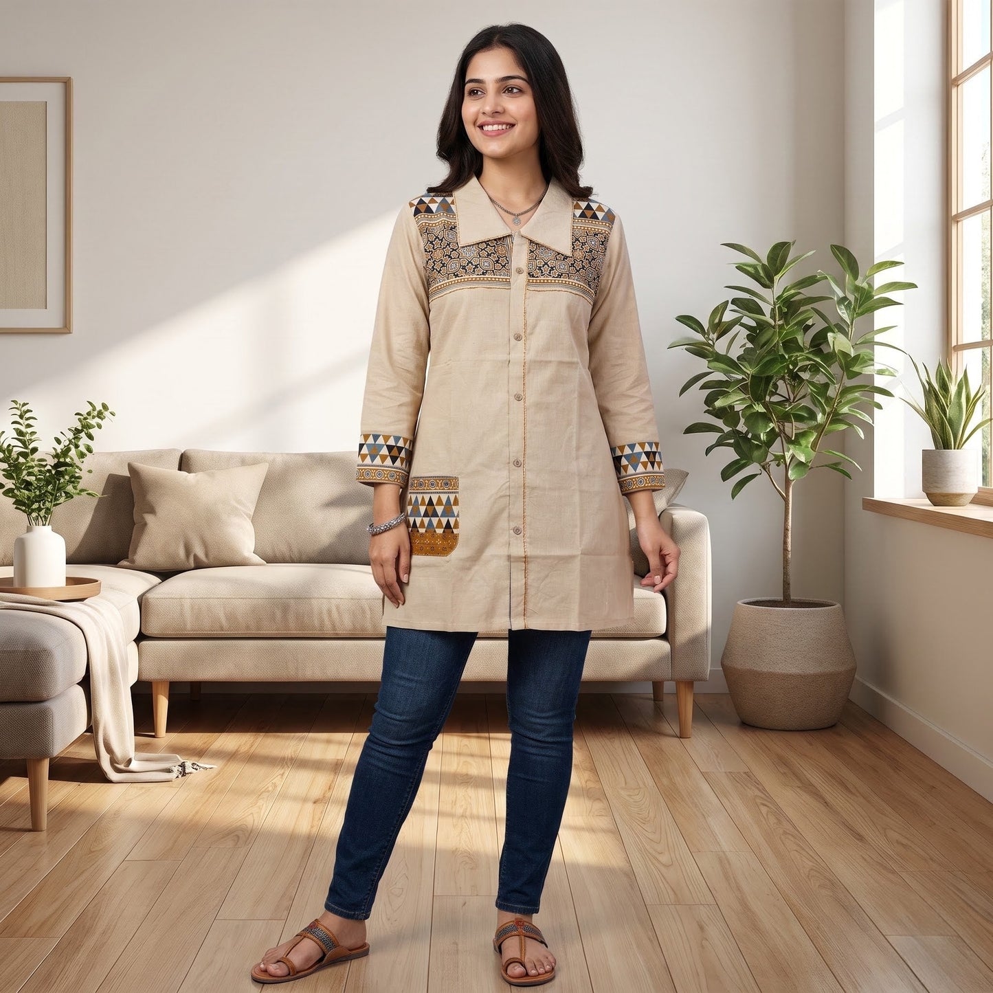 Women's Beige Cotton Shirt Collar Kurti with Printed Panels & Front Buttons SKU CAC-KS-SC-B-1