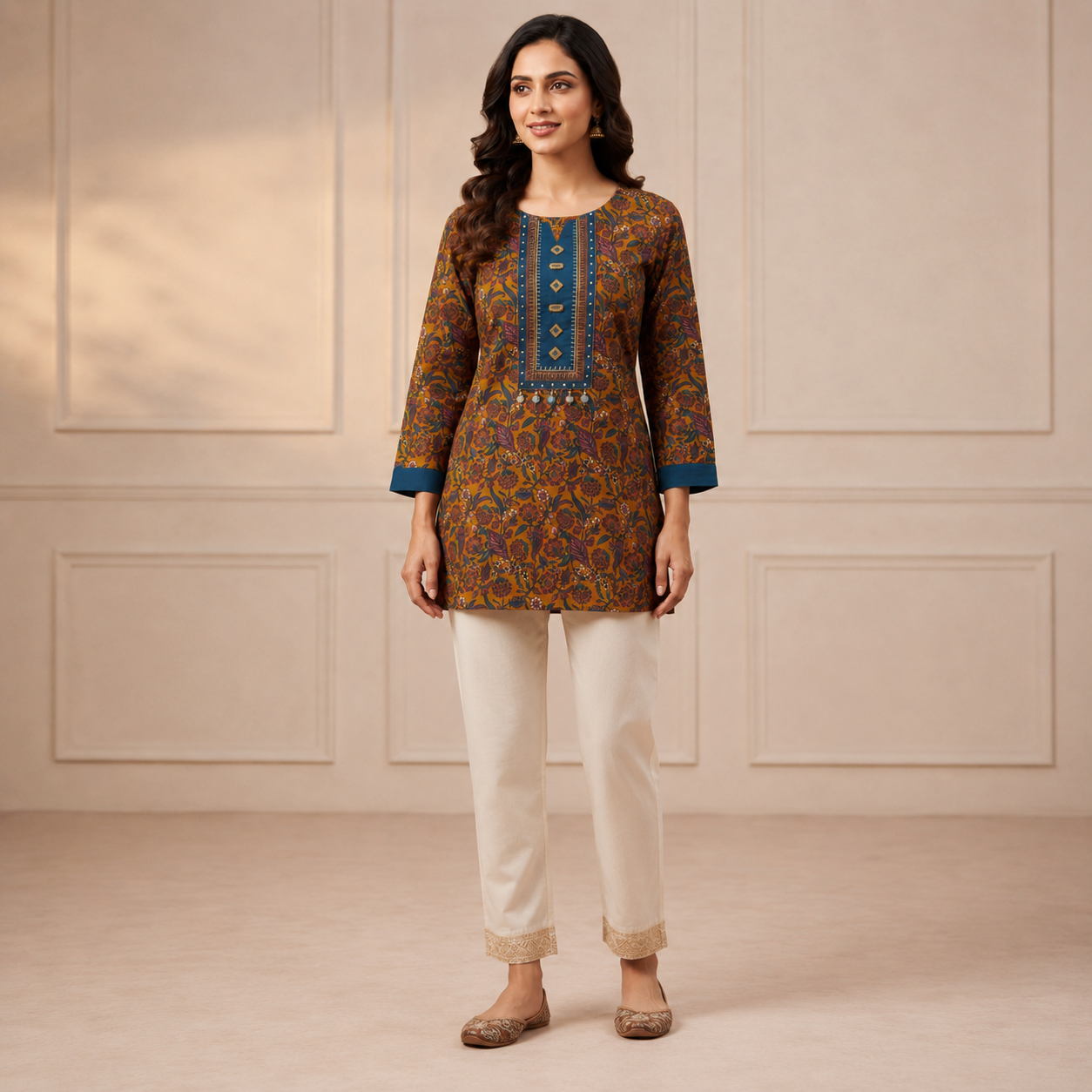 Brown Printed Cotton Straight Kurti with Blue Contrast Yoke SKU CAC-KS-SC-B-1