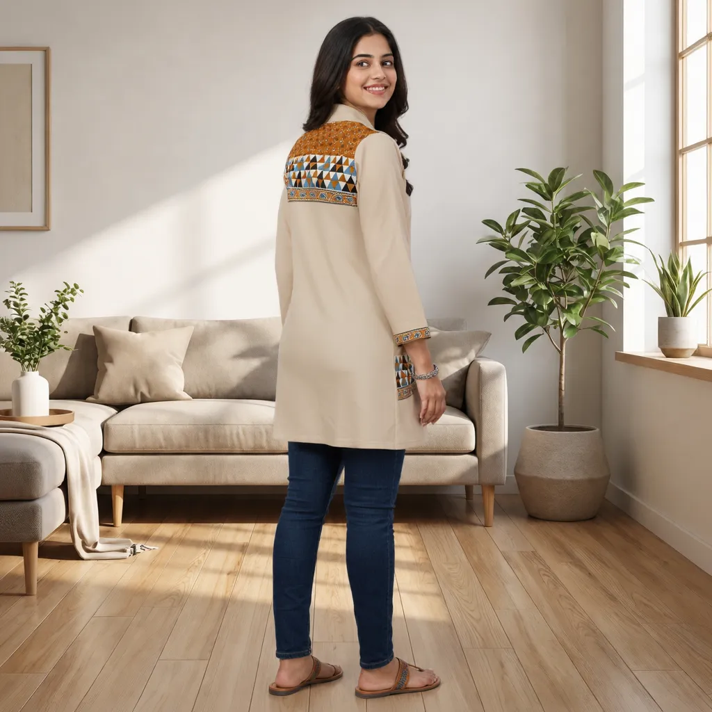 Women's Beige Cotton Shirt Collar Kurti with Printed Panels & Front Buttons SKU CAC-KS-SC-B-1