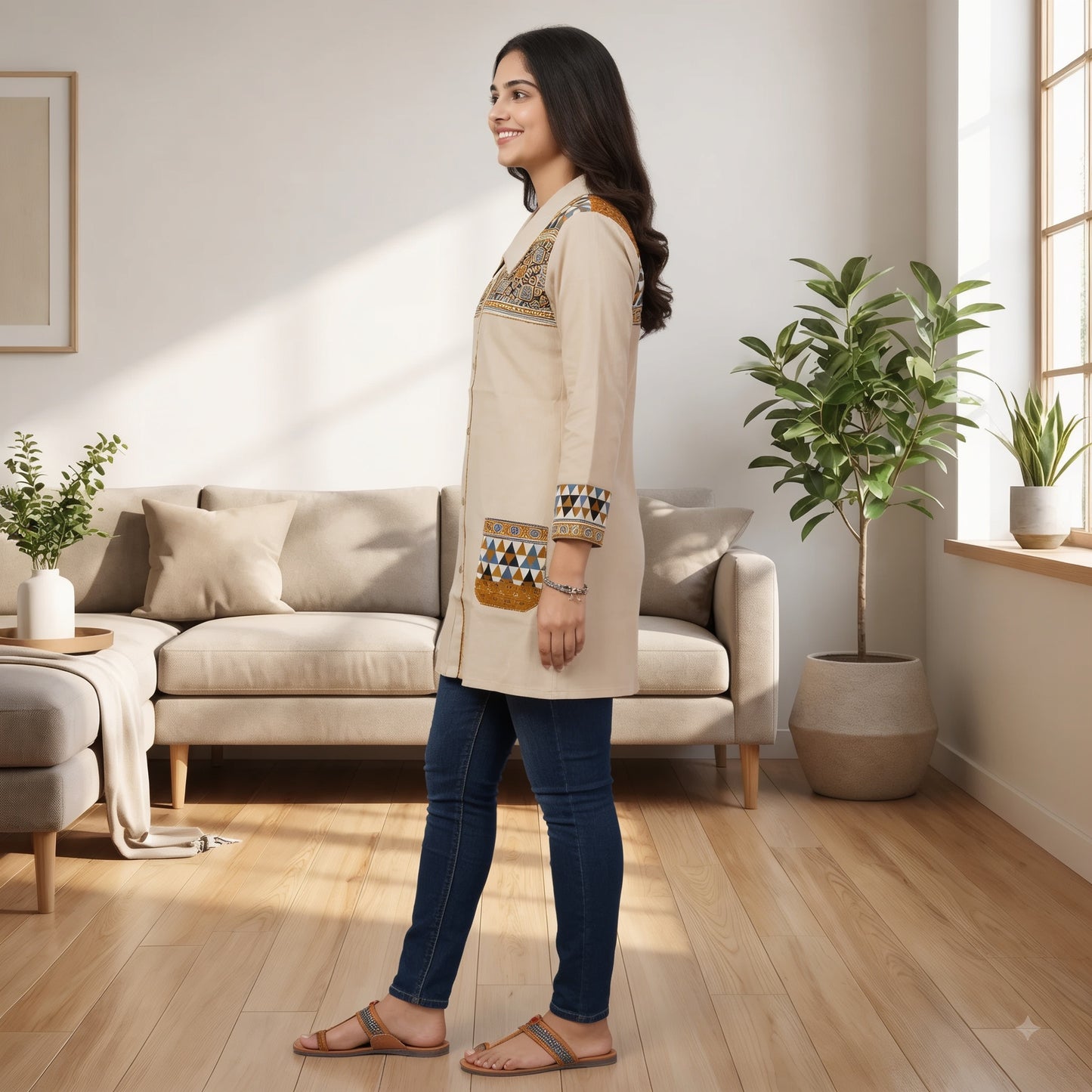 Women's Beige Cotton Shirt Collar Kurti with Printed Panels & Front Buttons SKU CAC-KS-SC-B-1