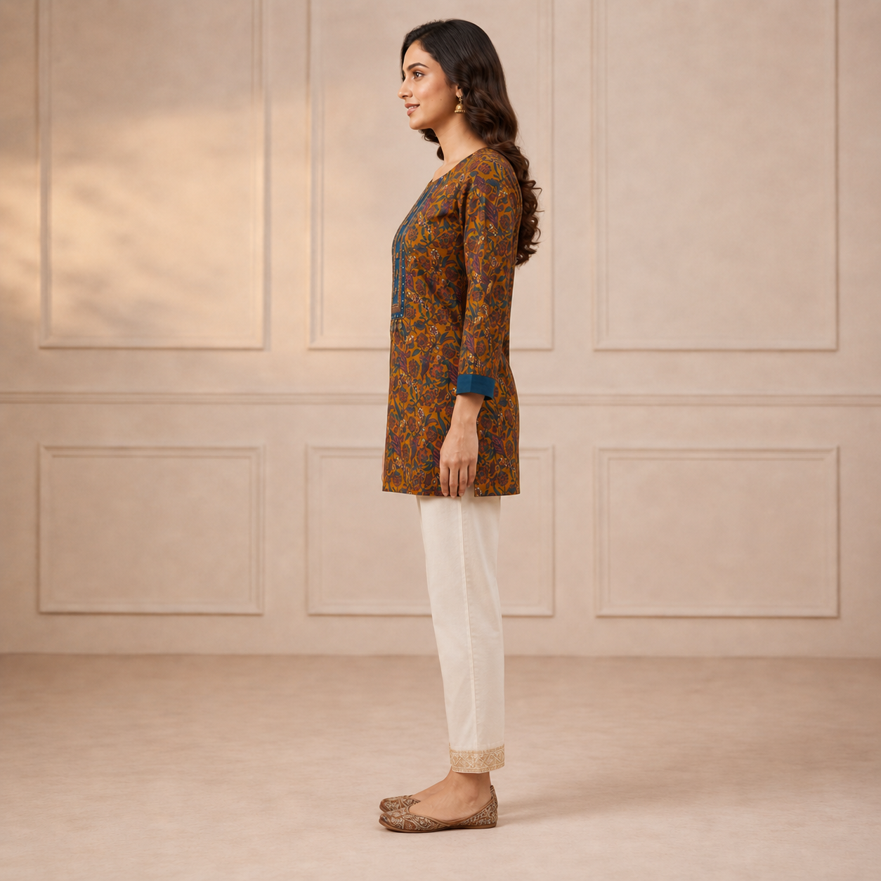 Brown Printed Cotton Straight Kurti with Blue Contrast Yoke SKU CAC-KS-SC-B-1