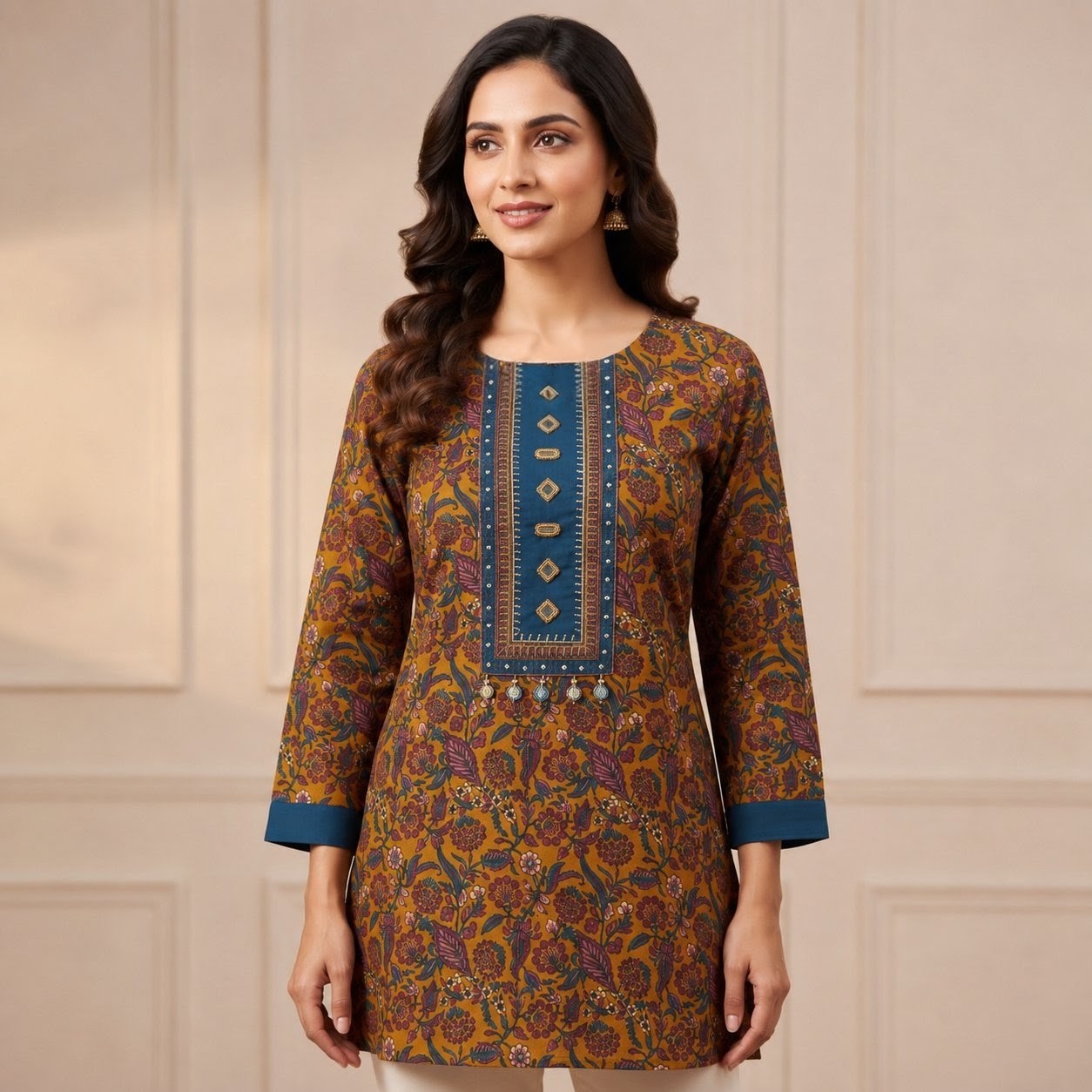 Brown Printed Cotton Straight Kurti with Blue Contrast Yoke SKU CAC-KS-SC-B-1