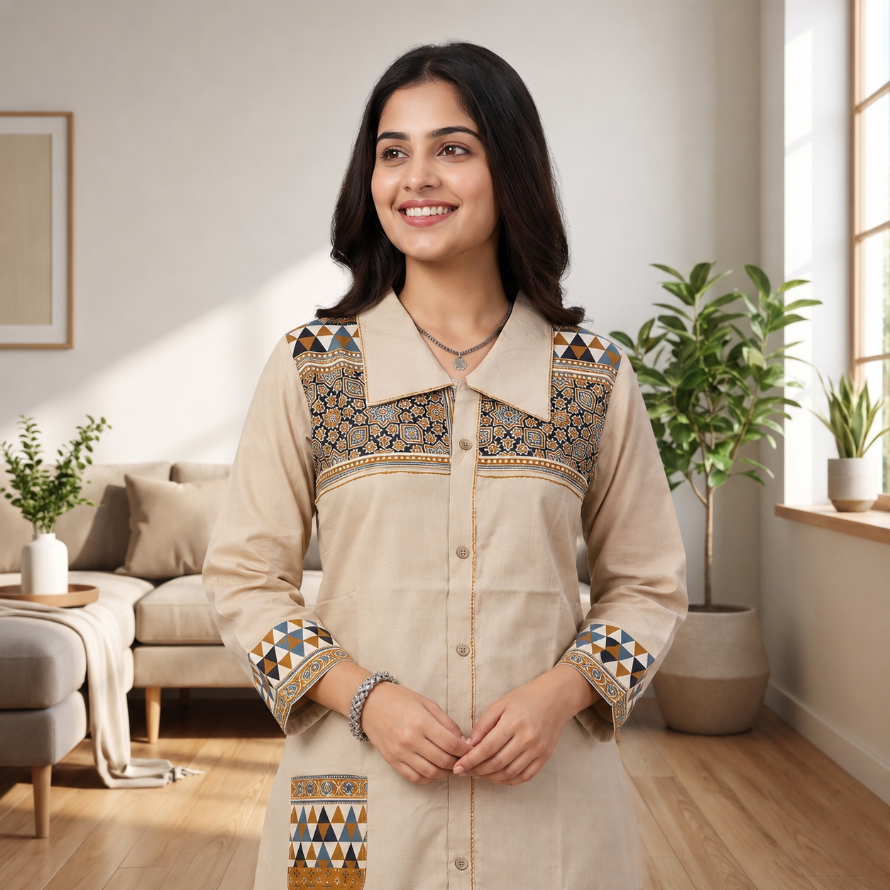 Women's Beige Cotton Shirt Collar Kurti with Printed Panels & Front Buttons SKU CAC-KS-SC-B-1