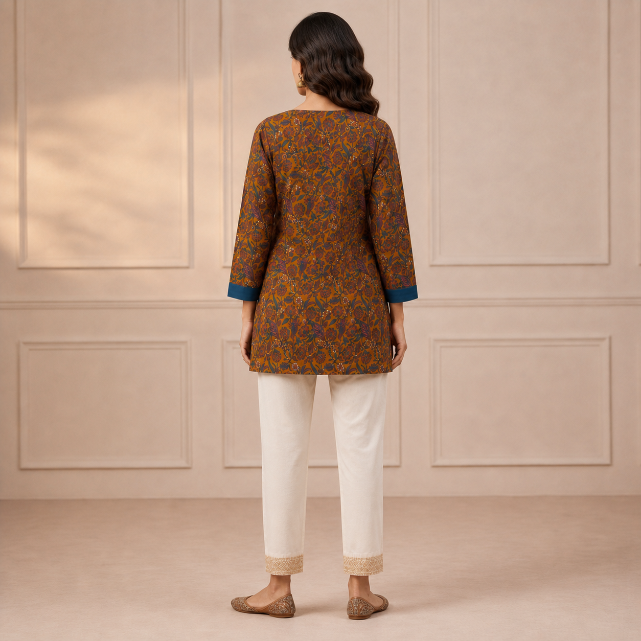 Brown Printed Cotton Straight Kurti with Blue Contrast Yoke SKU CAC-KS-SC-B-1