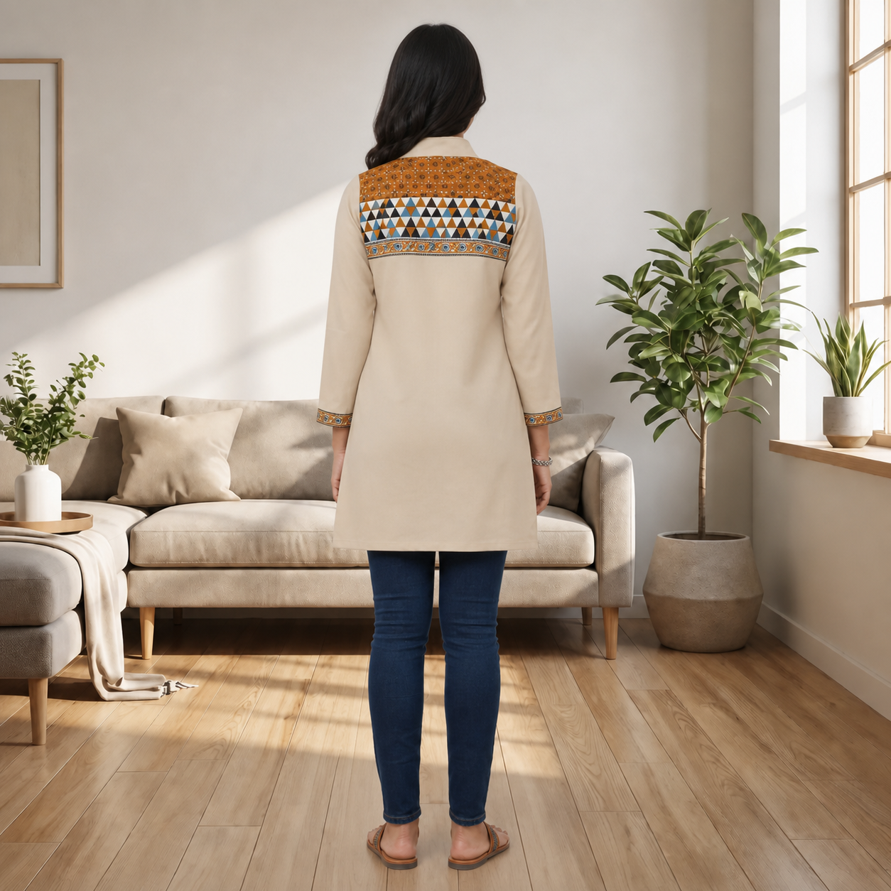 Women's Beige Cotton Shirt Collar Kurti with Printed Panels & Front Buttons SKU CAC-KS-SC-B-1