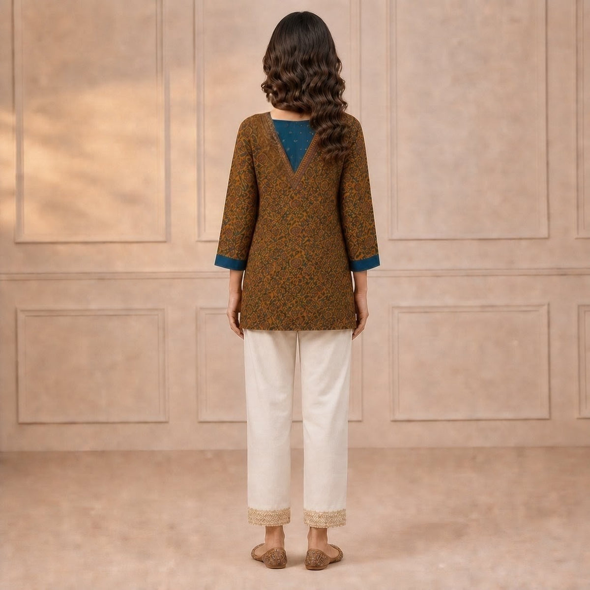 Brown Printed Cotton Straight Kurti with Blue Contrast Yoke SKU CAC-KS-SC-B-1