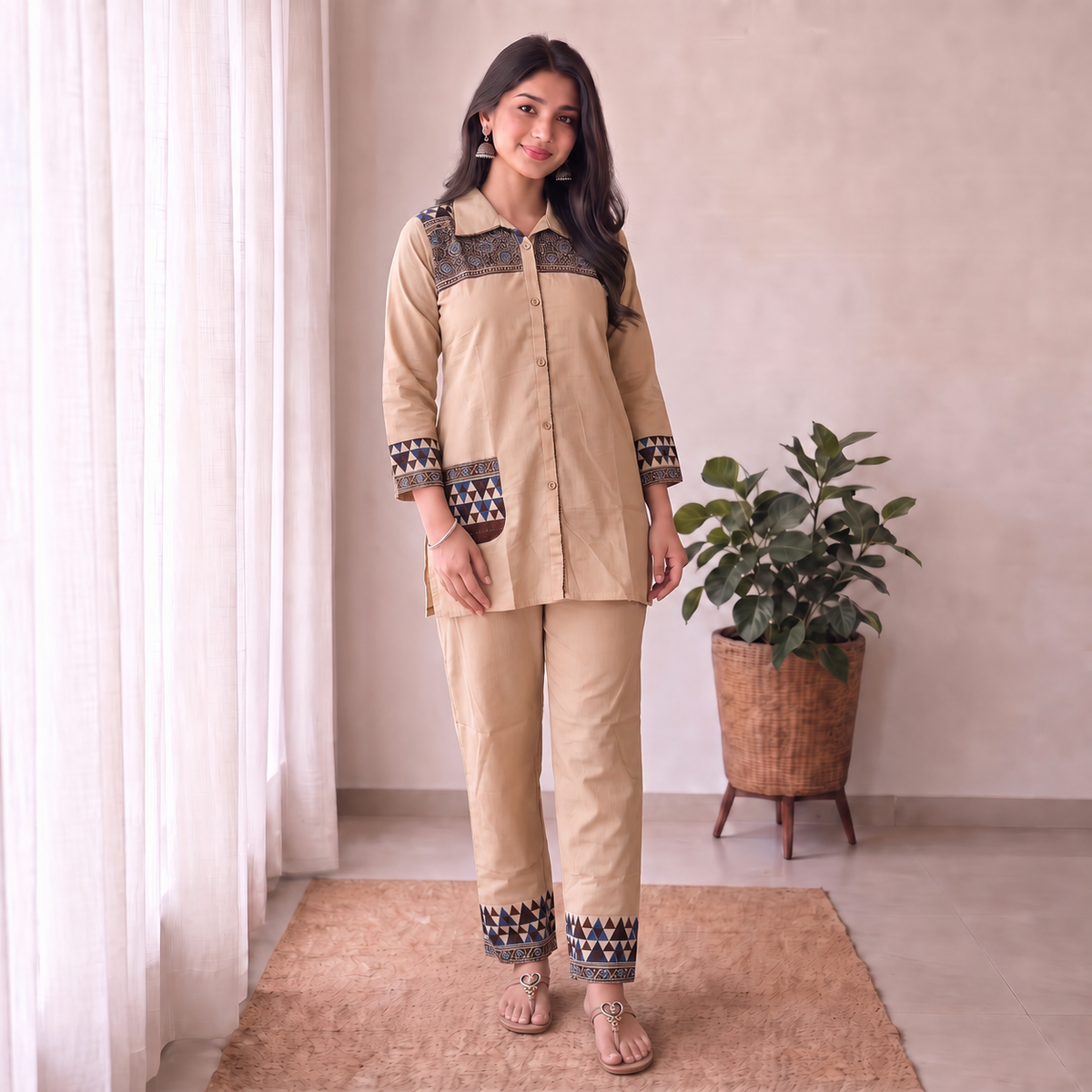 Cotton Beige Geometric Printed 2-Piece Co-Ord Set SKU CAC-K2P-B-1