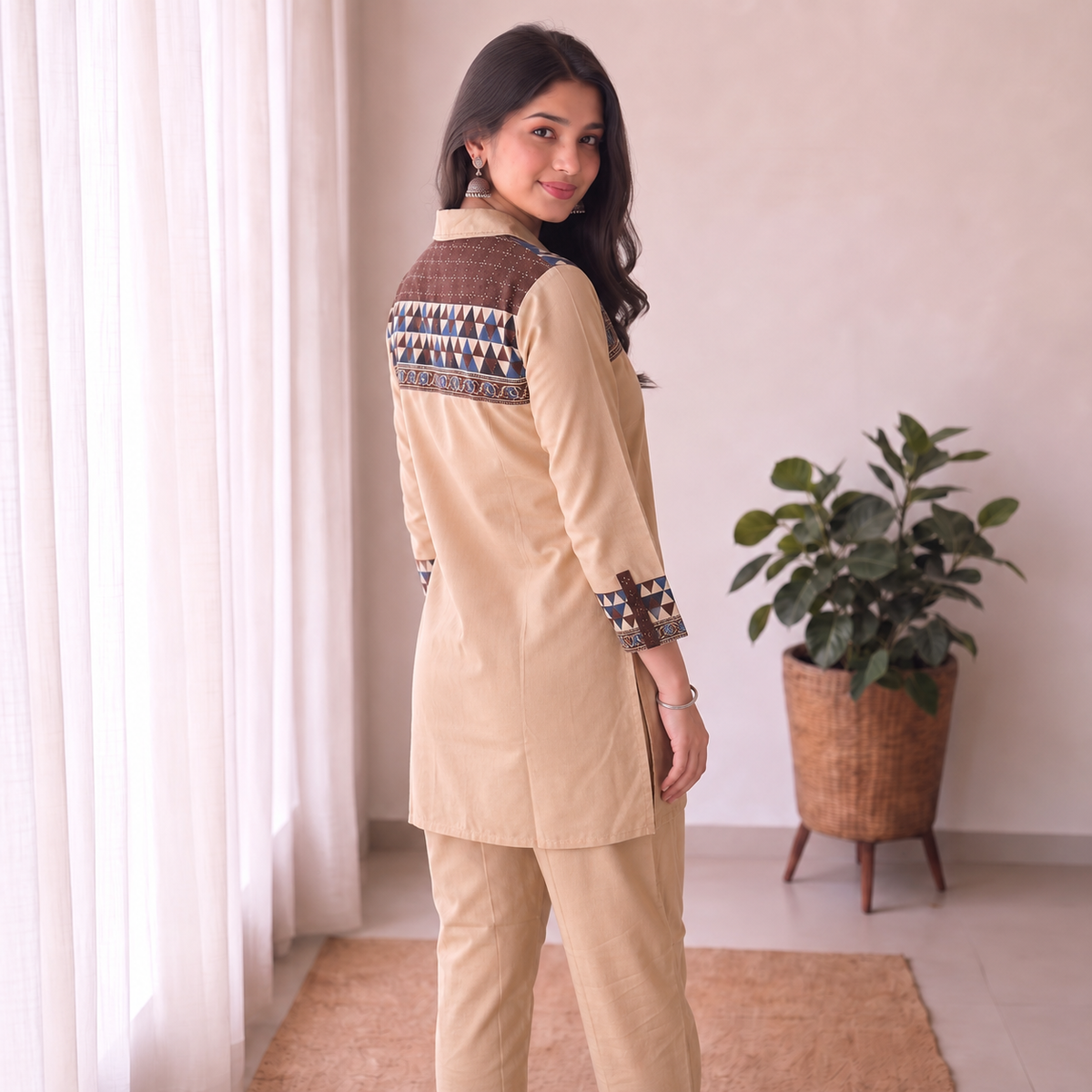 Cotton Beige Geometric Printed 2-Piece Co-Ord Set SKU CAC-K2P-B-1