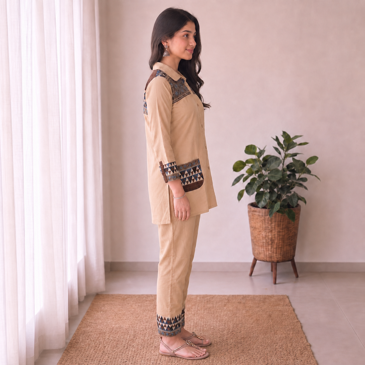 Cotton Beige Geometric Printed 2-Piece Co-Ord Set SKU CAC-K2P-B-1