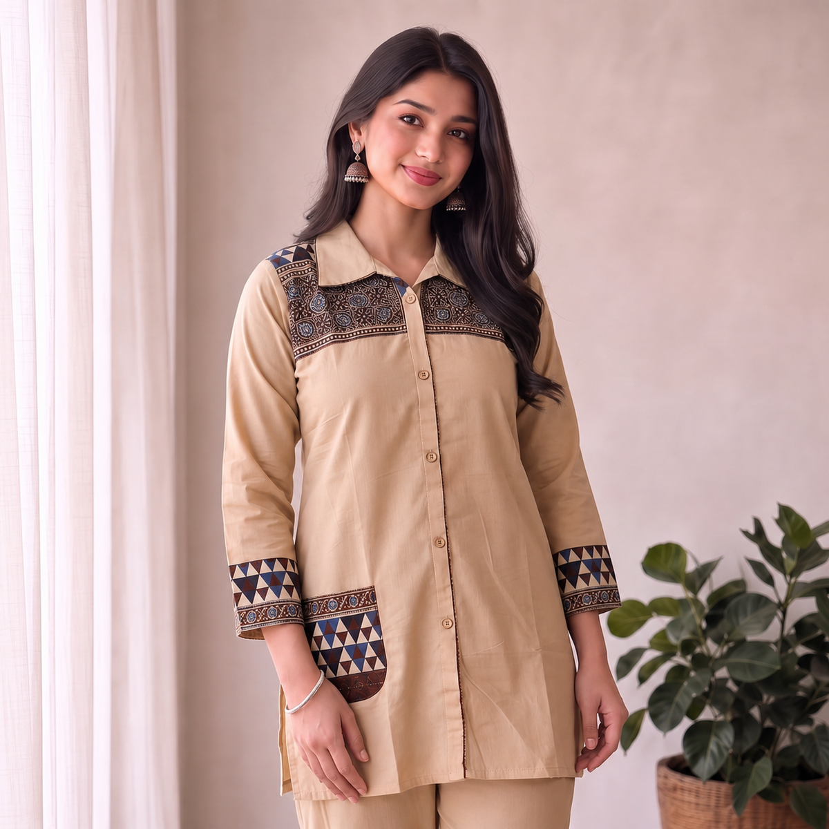 Cotton Beige Geometric Printed 2-Piece Co-Ord Set SKU CAC-K2P-B-1