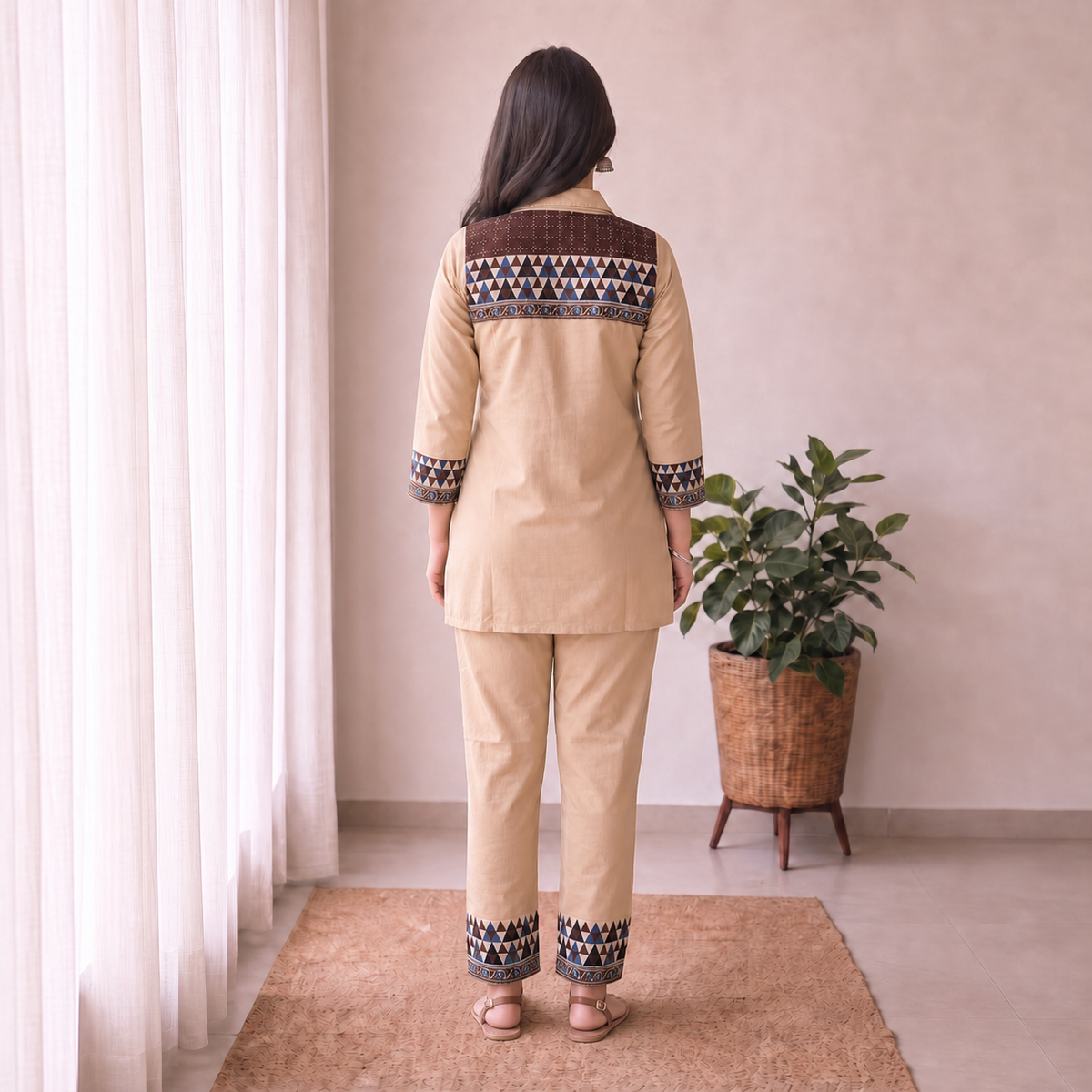 Cotton Beige Geometric Printed 2-Piece Co-Ord Set SKU CAC-K2P-B-1