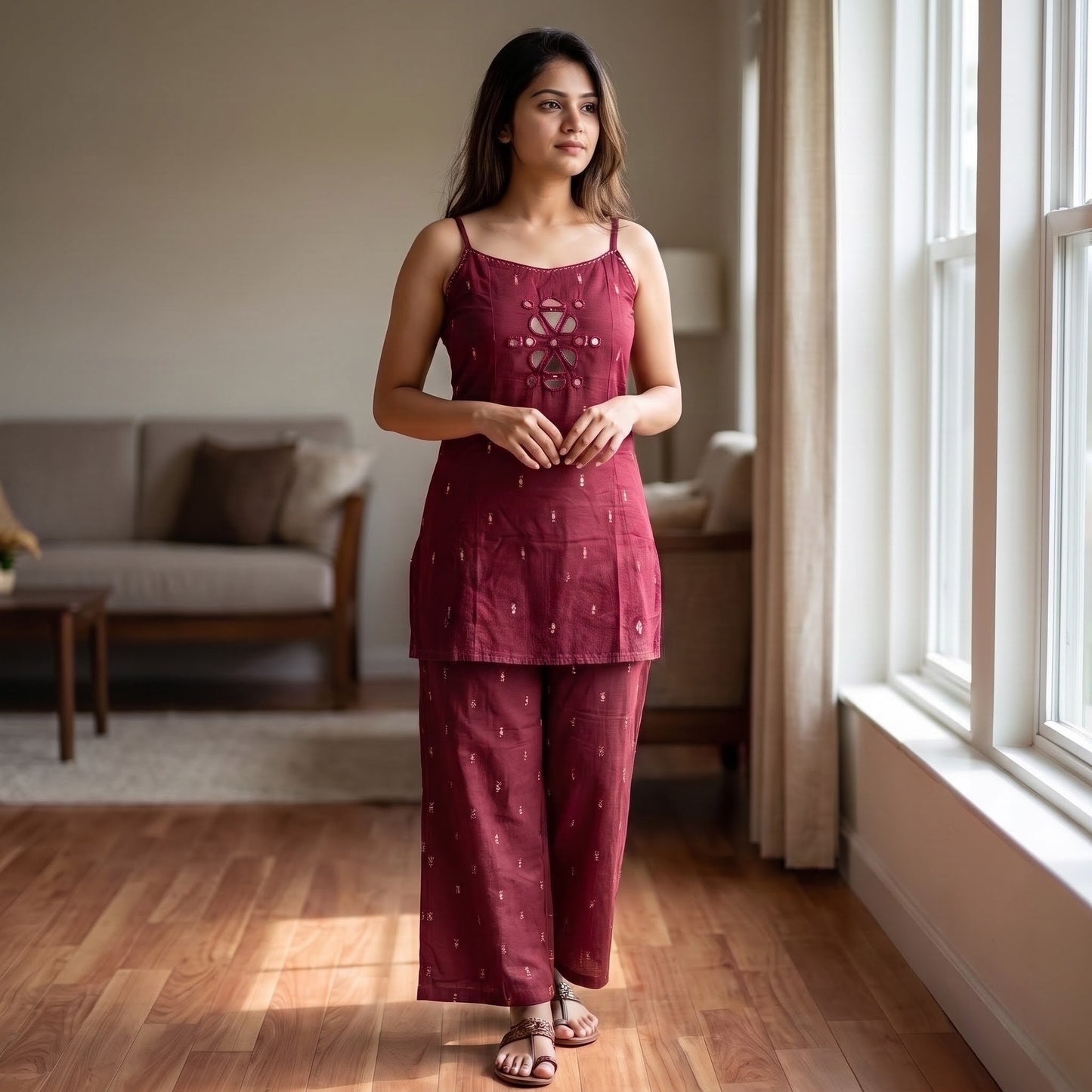 Maroon Cotton Sleeveless 2-Piece Co-ord Set with Matching Straight Pants SKU CAC-K2P-SL-M-1