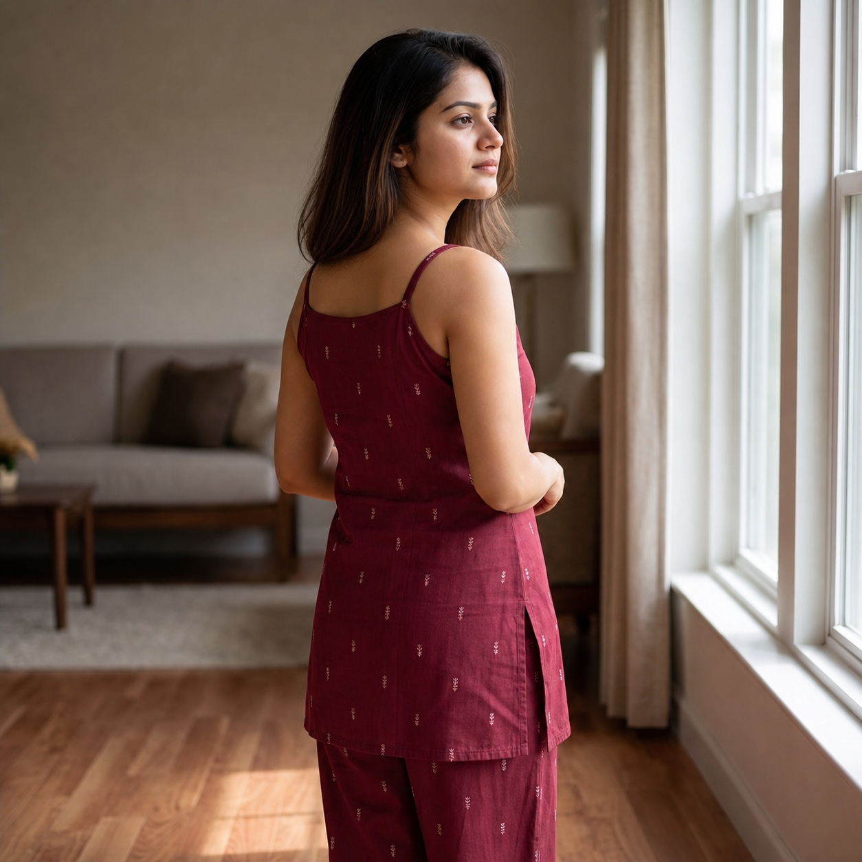 Maroon Cotton Sleeveless 2-Piece Co-ord Set with Matching Straight Pants SKU CAC-K2P-SL-M-1