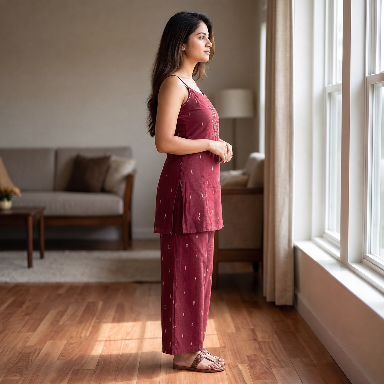 Maroon Cotton Sleeveless 2-Piece Co-ord Set with Matching Straight Pants SKU CAC-K2P-SL-M-1