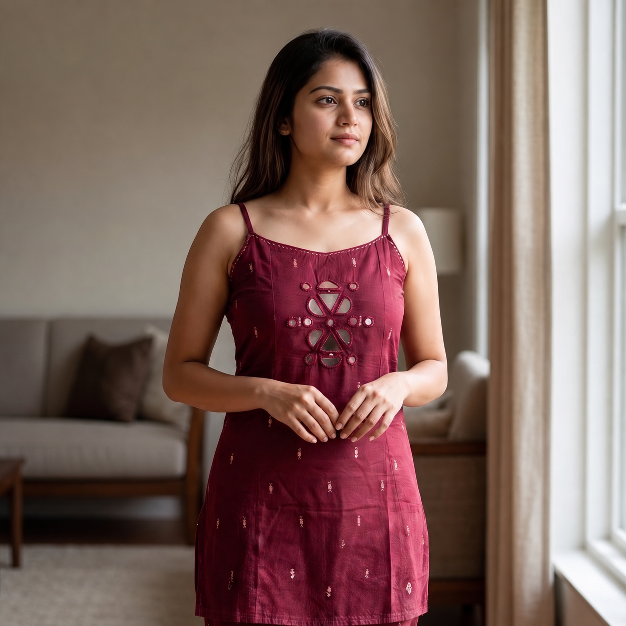 Maroon Cotton Sleeveless 2-Piece Co-ord Set with Matching Straight Pants SKU CAC-K2P-SL-M-1
