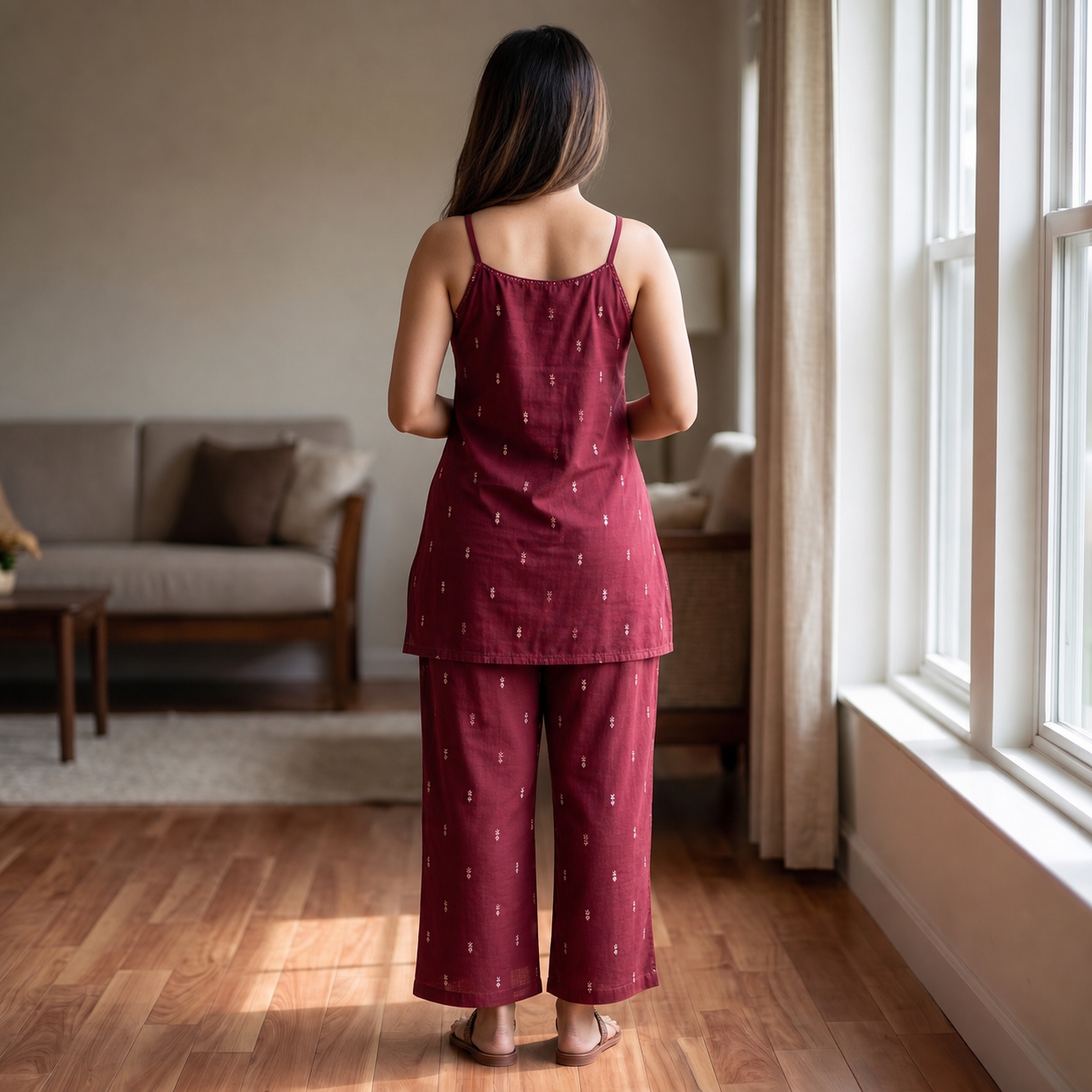 Maroon Cotton Sleeveless 2-Piece Co-ord Set with Matching Straight Pants SKU CAC-K2P-SL-M-1