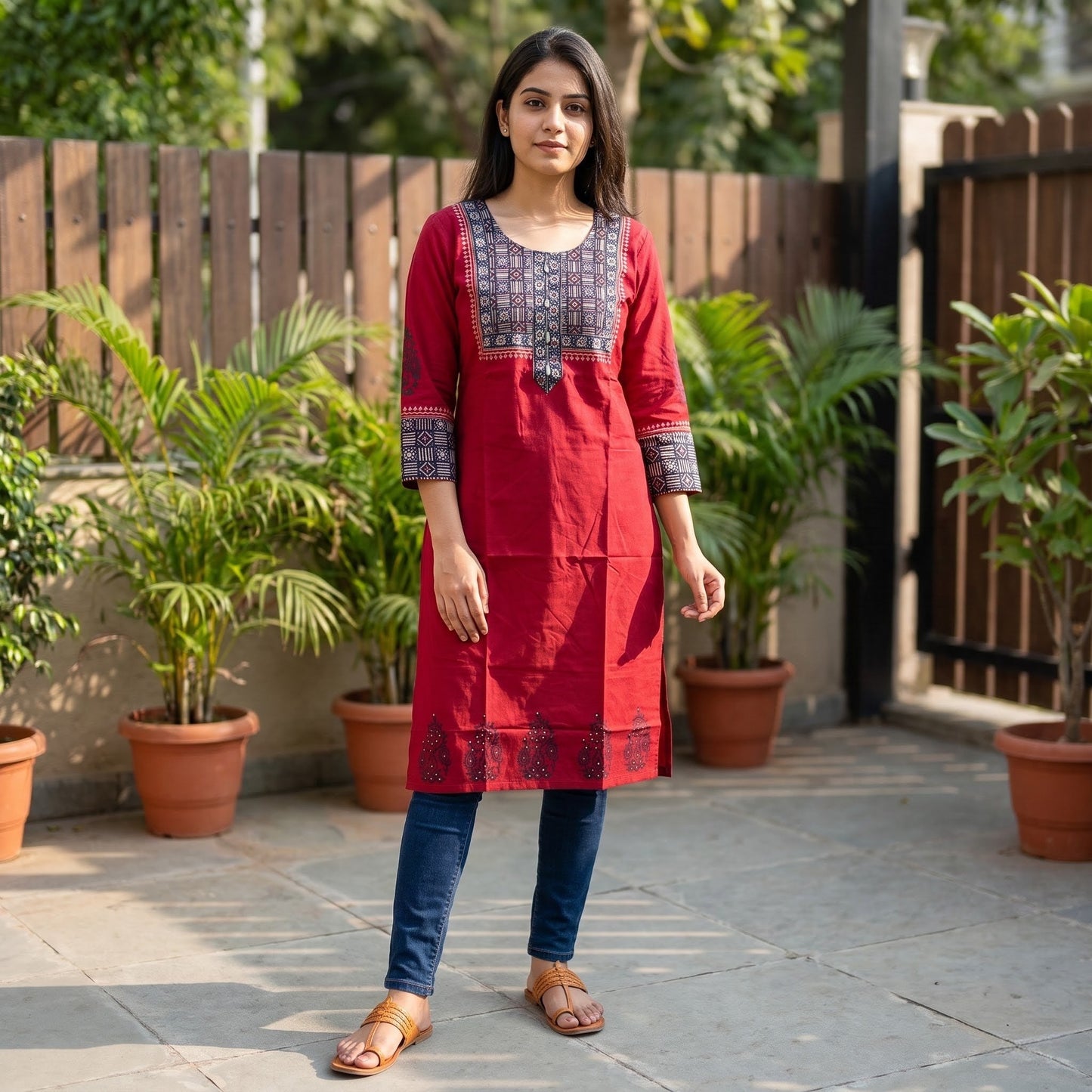 Red Cotton Straight Kurti with Printed Front Yoke SKU CAC-KL-SC-R-1