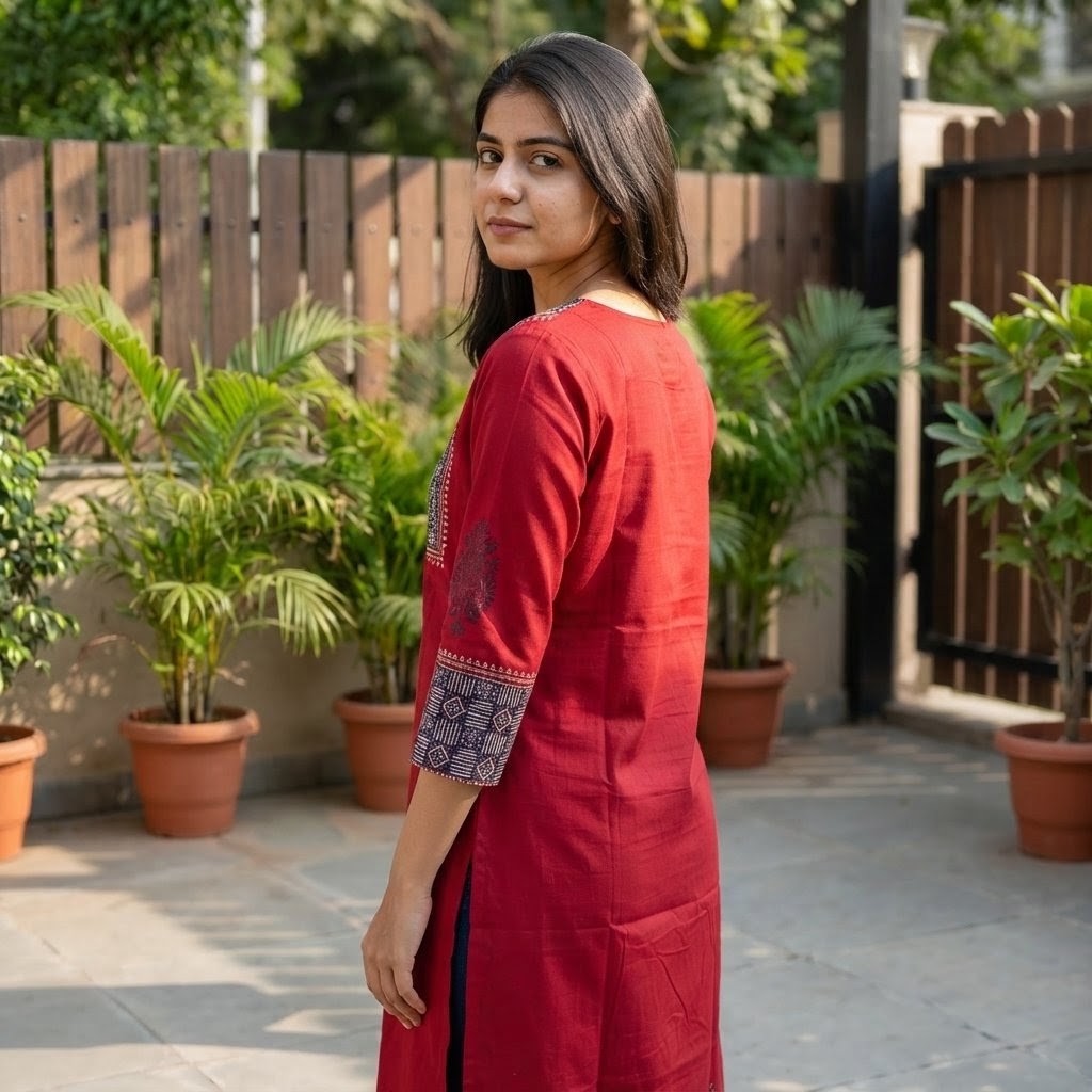 Red Cotton Straight Kurti with Printed Front Yoke SKU CAC-KL-SC-R-1