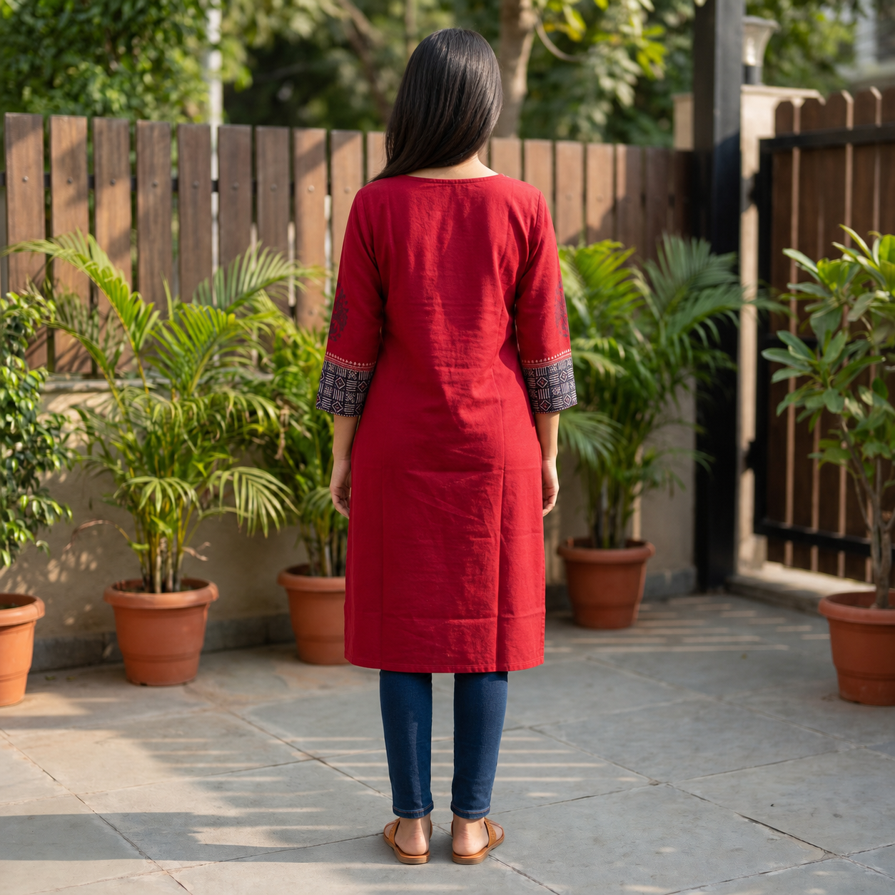 Red Cotton Straight Kurti with Printed Front Yoke SKU CAC-KL-SC-R-1
