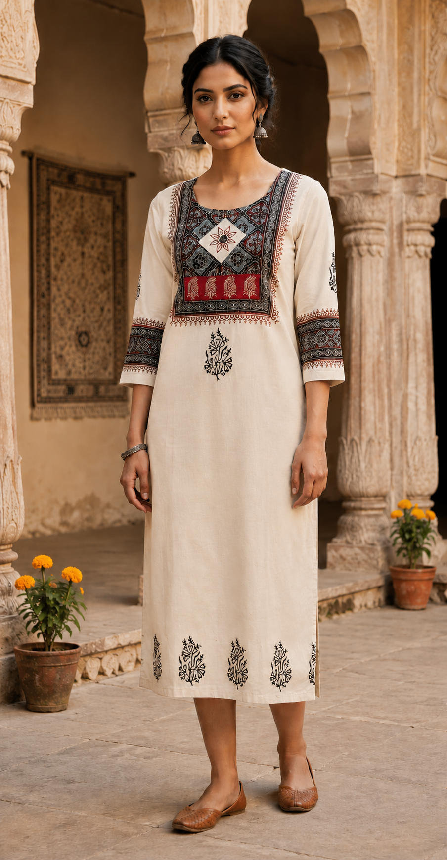 Off White Cotton Ethnic Printed Straight Kurti SKU CAC-KL-C-W-1