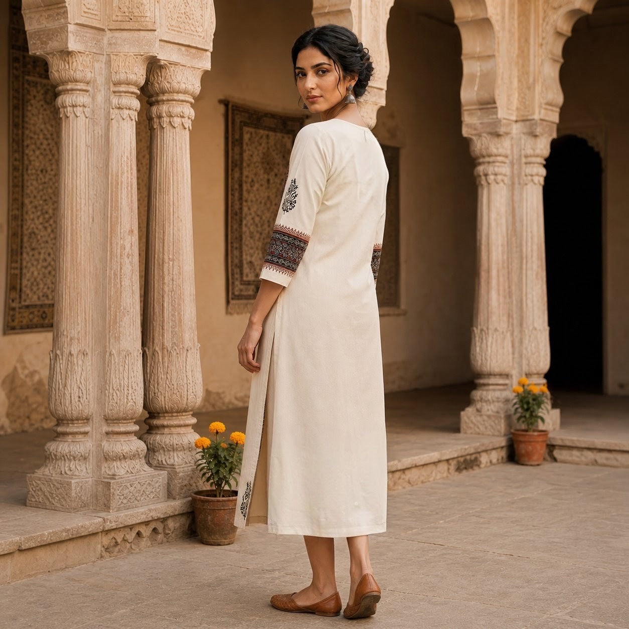 Off White Cotton Ethnic Printed Straight Kurti SKU CAC-KL-C-W-1