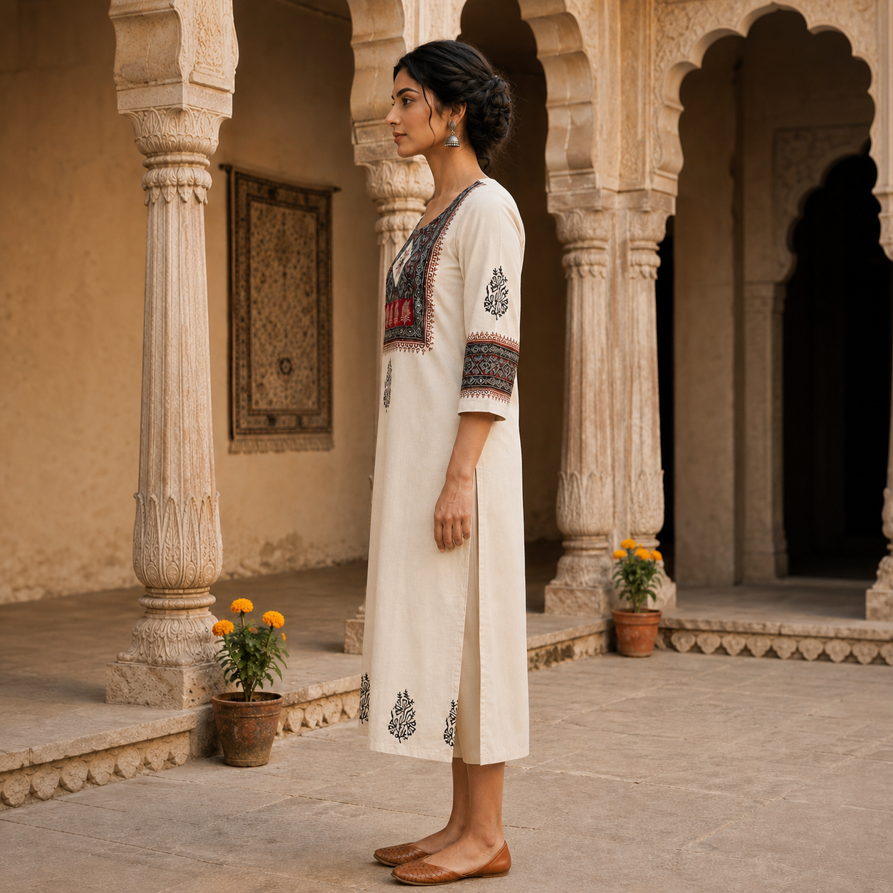 Off White Cotton Ethnic Printed Straight Kurti SKU CAC-KL-C-W-1