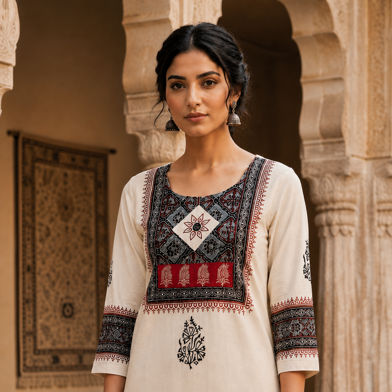 Off White Cotton Ethnic Printed Straight Kurti SKU CAC-KL-C-W-1