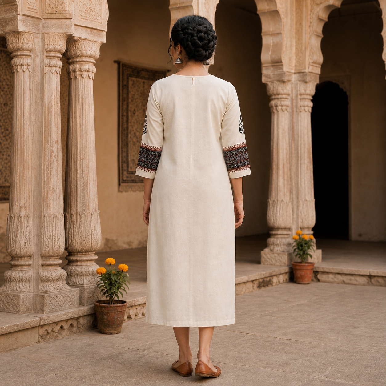 Off White Cotton Ethnic Printed Straight Kurti SKU CAC-KL-C-W-1