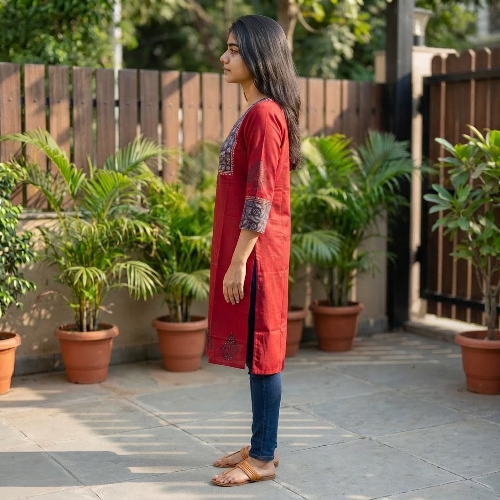 Red Cotton Straight Kurti with Printed Front Yoke SKU CAC-KL-SC-R-1