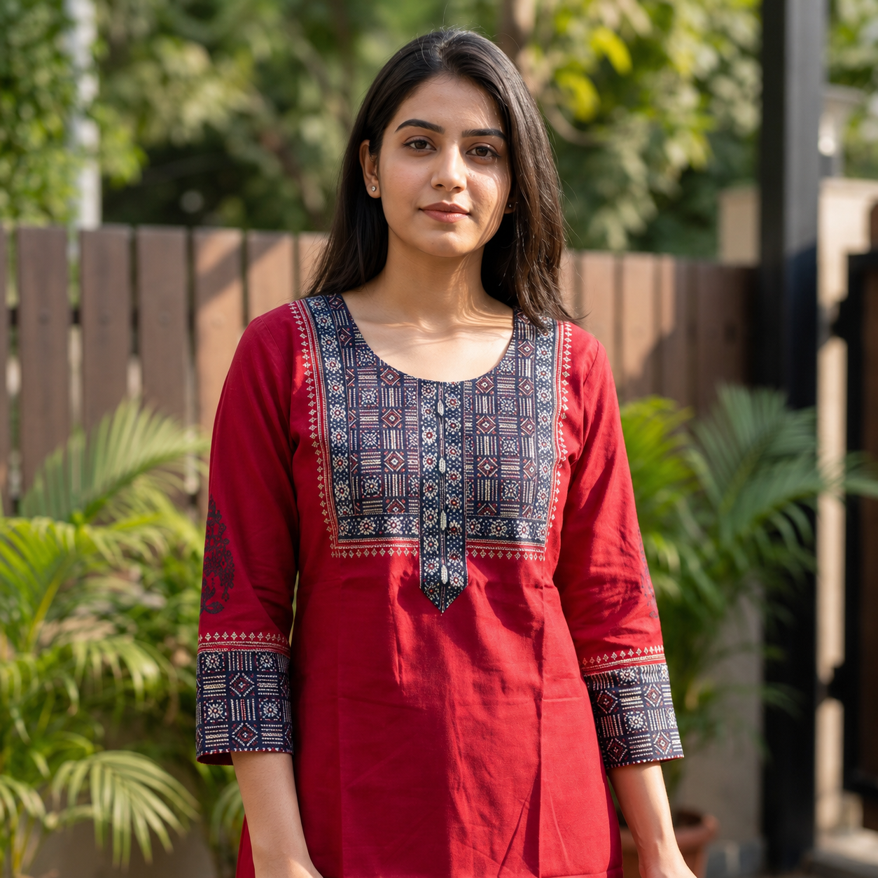 Red Cotton Straight Kurti with Printed Front Yoke SKU CAC-KL-SC-R-1