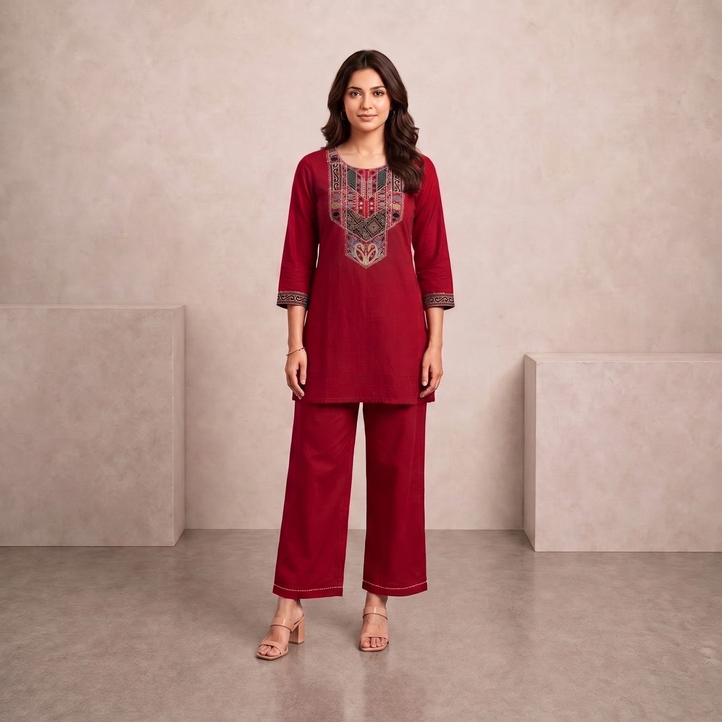 Deep Maroon Cotton Co-ord Set with Decorative Front Yoke & Wide-Leg Pants SKU CAC-K2P-CS-DM-1