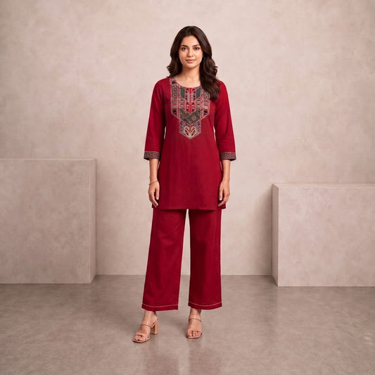 Deep Maroon Cotton Co-ord Set with Decorative Front Yoke & Wide-Leg Pants SKU CAC-K2P-CS-DM-1