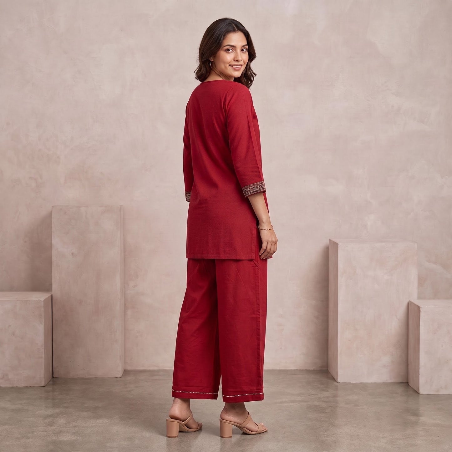 Deep Maroon Cotton Co-ord Set with Decorative Front Yoke & Wide-Leg Pants SKU CAC-K2P-CS-DM-1