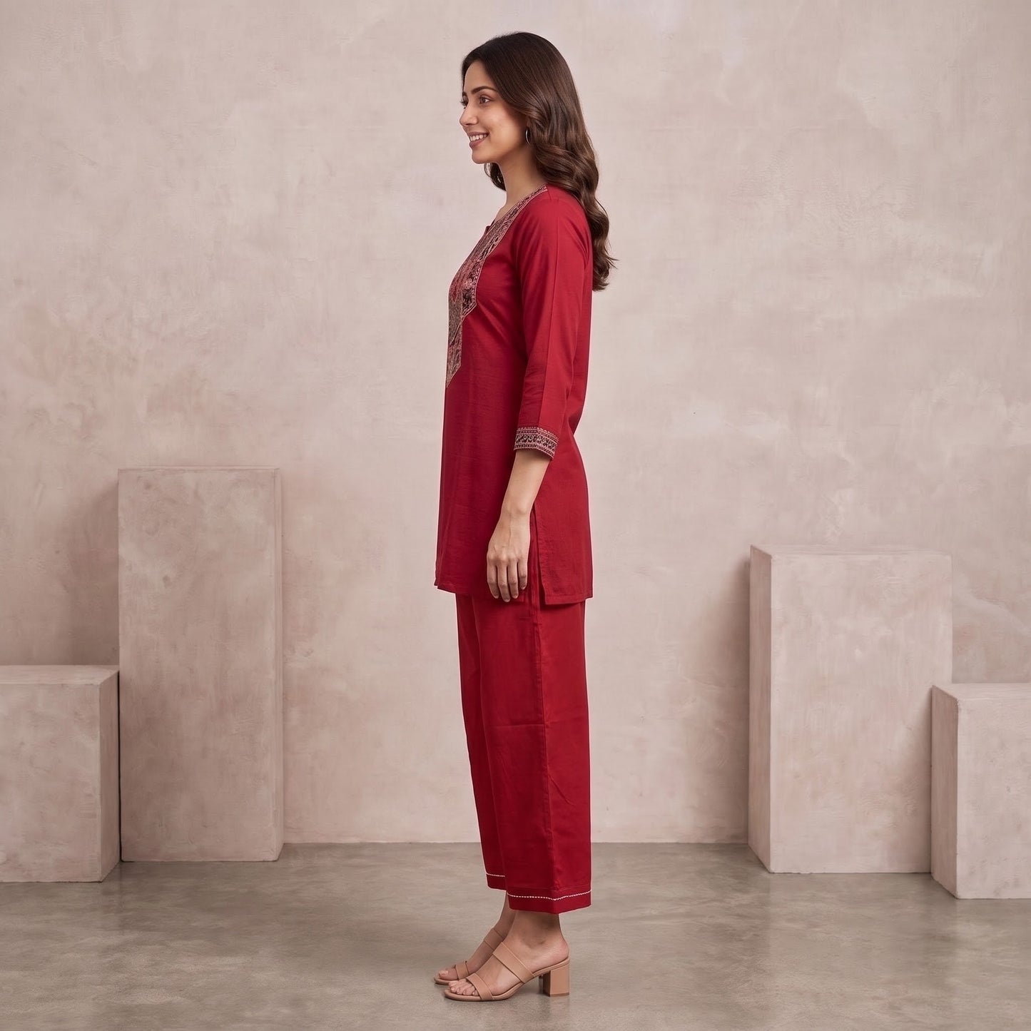 Deep Maroon Cotton Co-ord Set with Decorative Front Yoke & Wide-Leg Pants SKU CAC-K2P-CS-DM-1