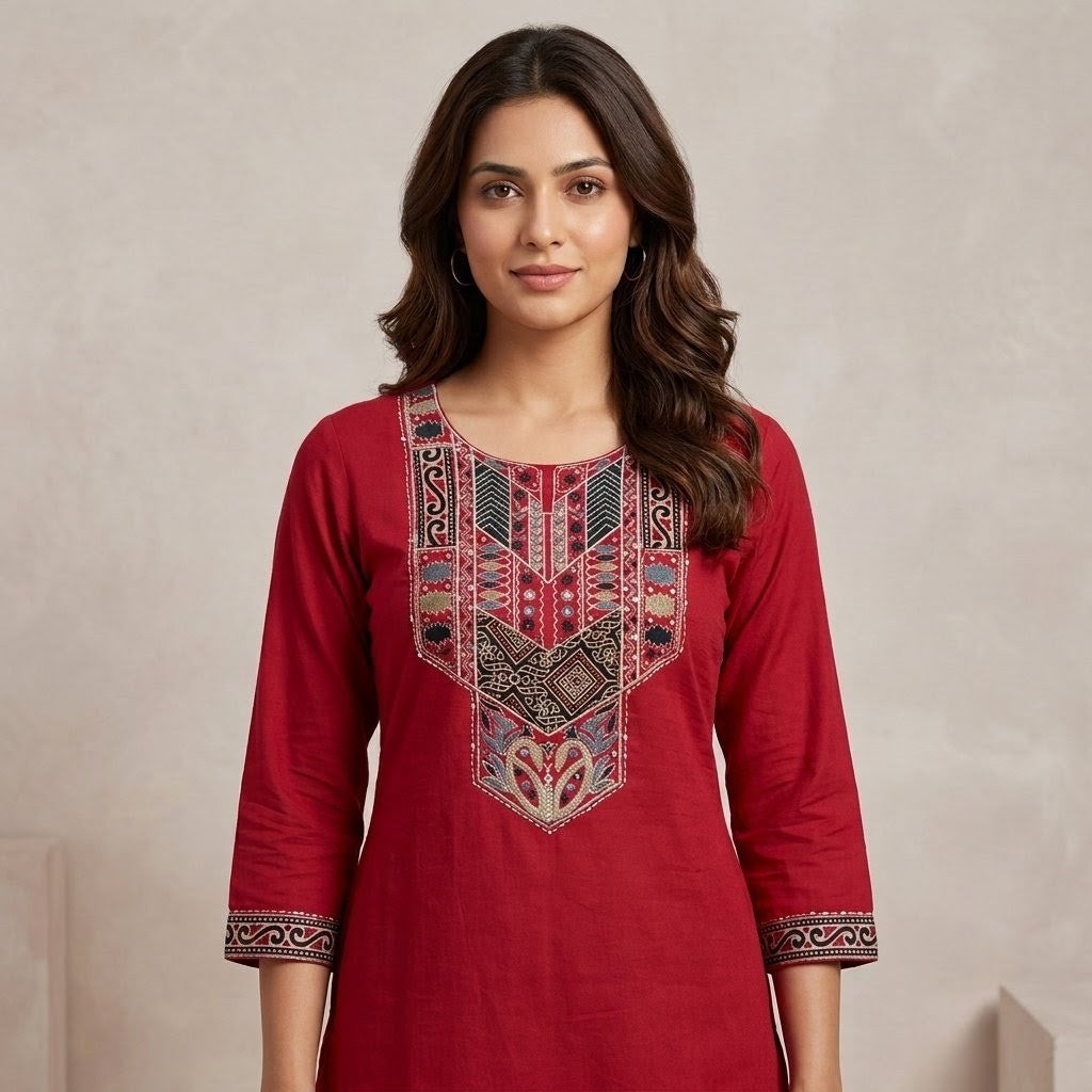Deep Maroon Cotton Co-ord Set with Decorative Front Yoke & Wide-Leg Pants SKU CAC-K2P-CS-DM-1