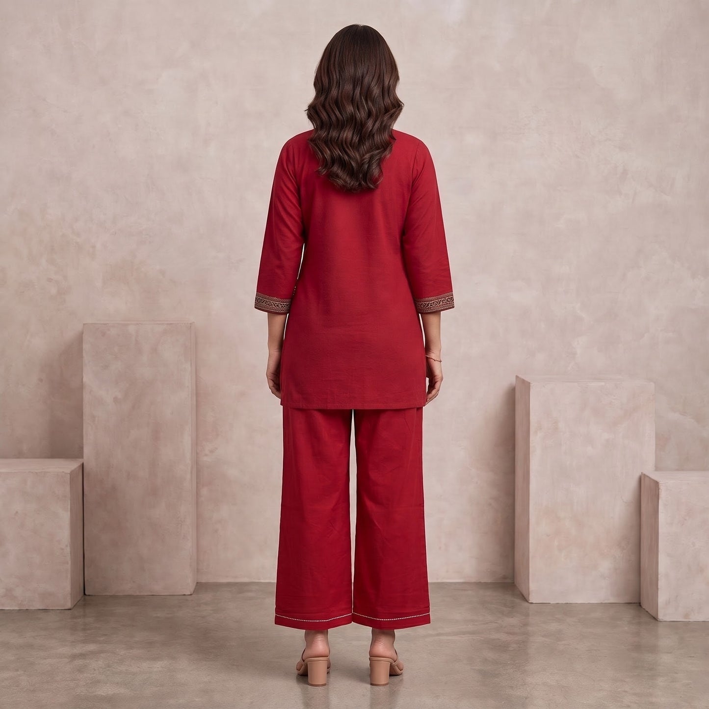 Deep Maroon Cotton Co-ord Set with Decorative Front Yoke & Wide-Leg Pants SKU CAC-K2P-CS-DM-1