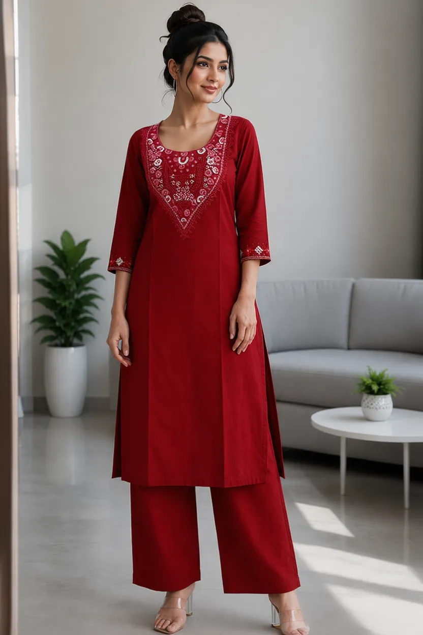 Deep Red Cotton 2-Piece Straight Kurti Palazzo Set SKU CAC-K2P-S-R-1