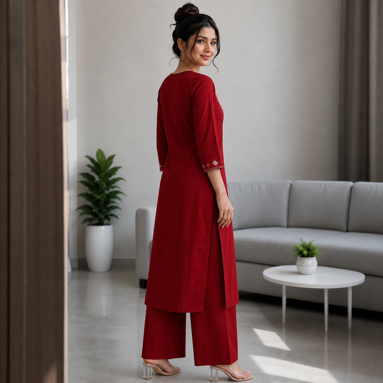 Deep Red Cotton 2-Piece Straight Kurti Palazzo Set SKU CAC-K2P-S-R-1