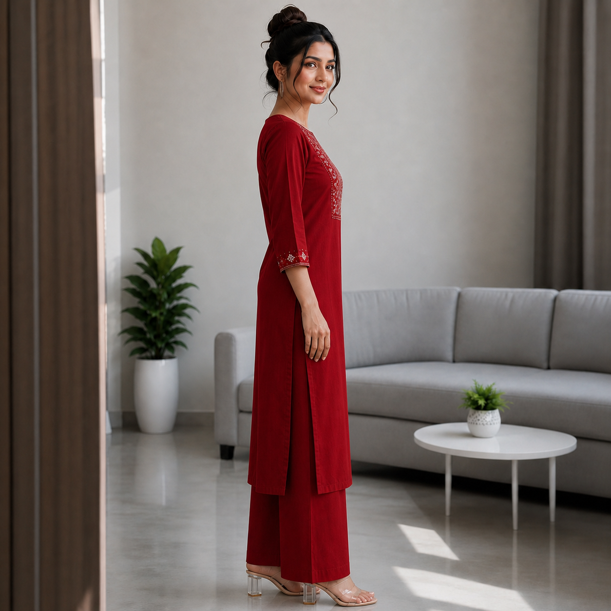 Deep Red Cotton 2-Piece Straight Kurti Palazzo Set SKU CAC-K2P-S-R-1