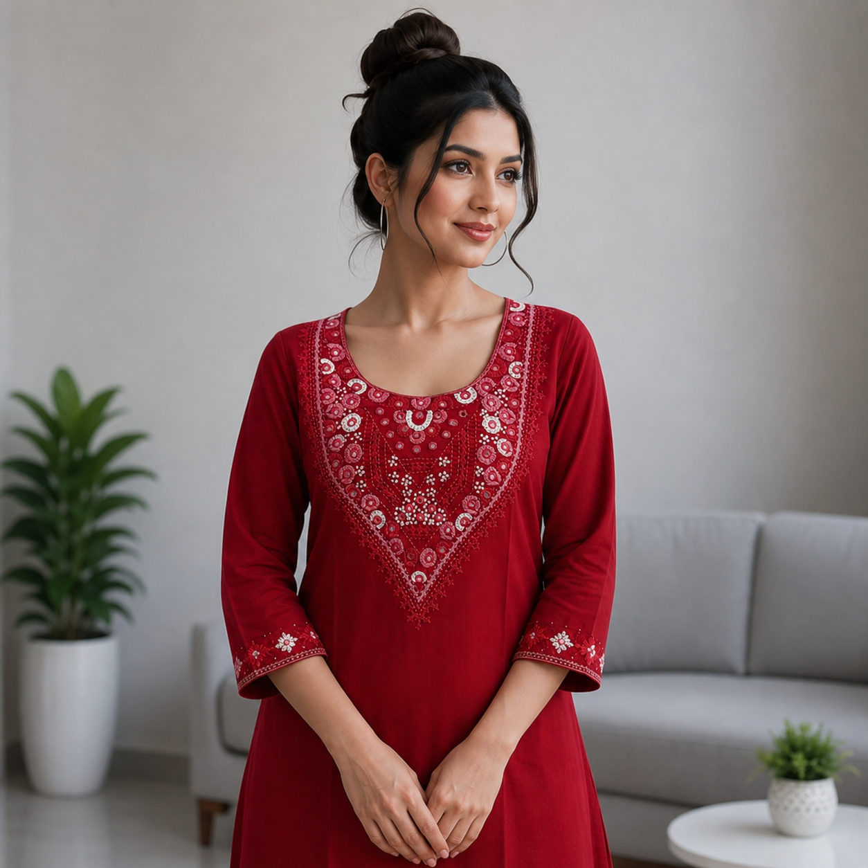 Deep Red Cotton 2-Piece Straight Kurti Palazzo Set SKU CAC-K2P-S-R-1